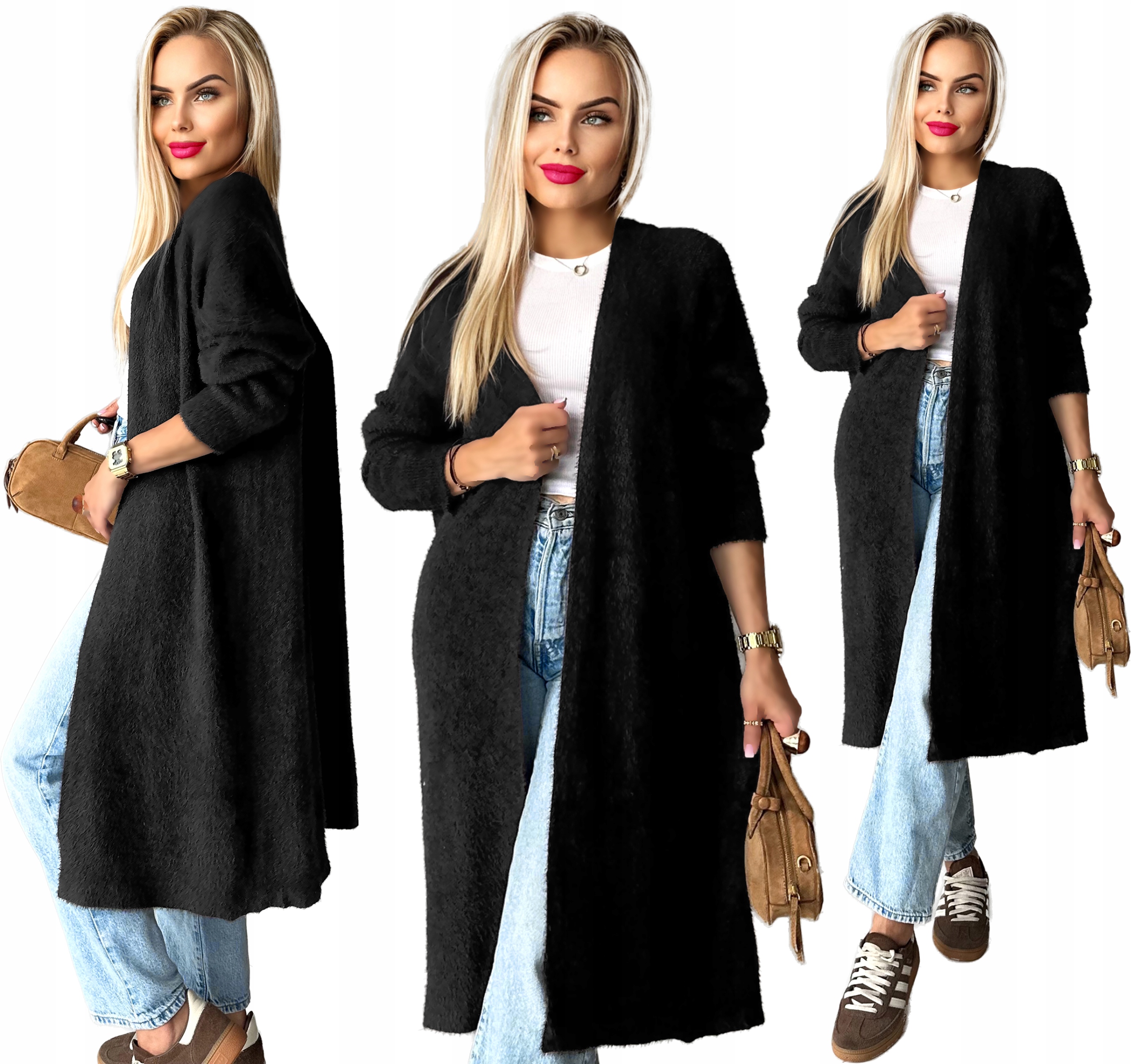 Długi Sweter Kardigan damski Narzutka alpaka puszysty miękki Vanessa