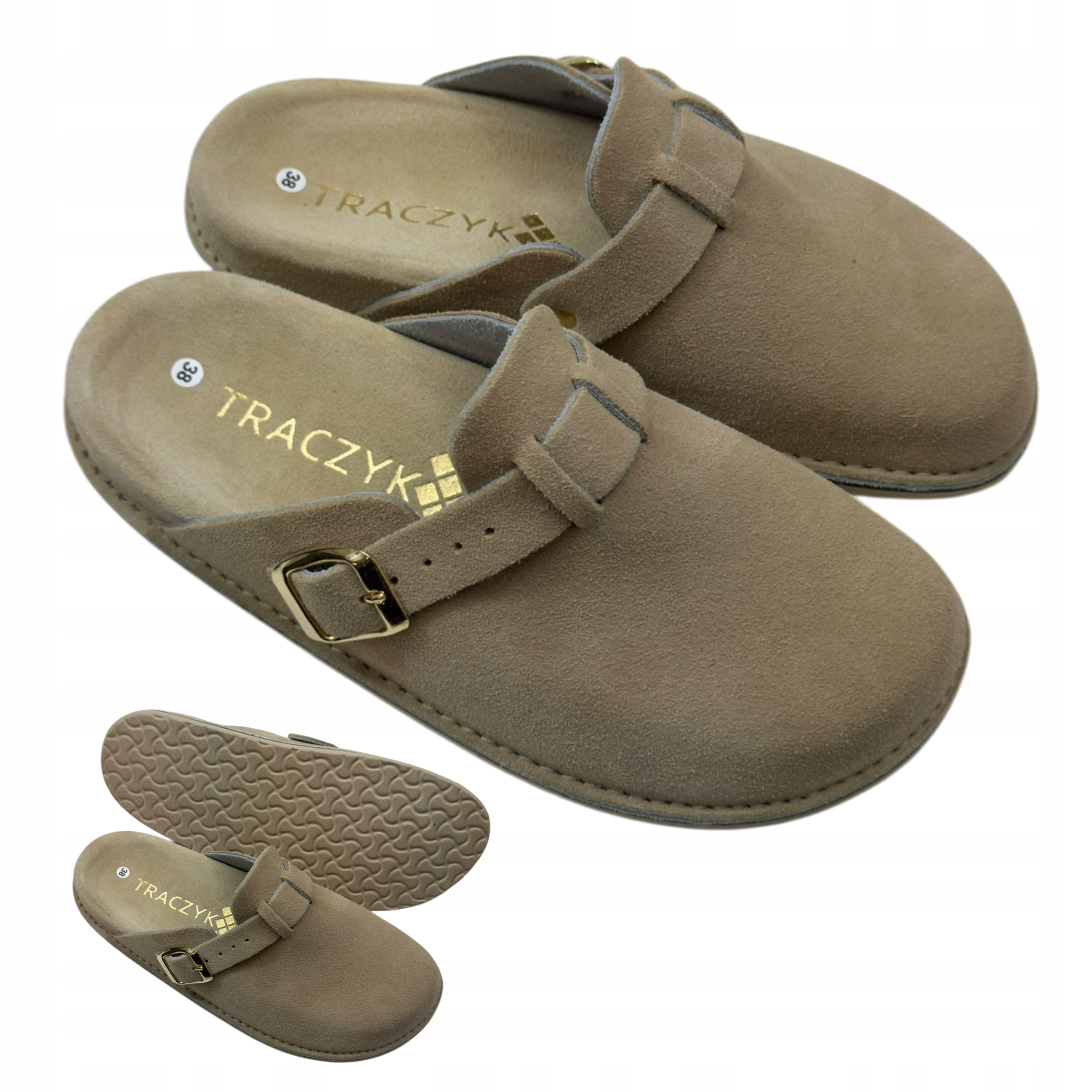 Klapki Ortopedyczne Traczyk Welurowe Chodaki Skóra Naturalna Beżowe r.38