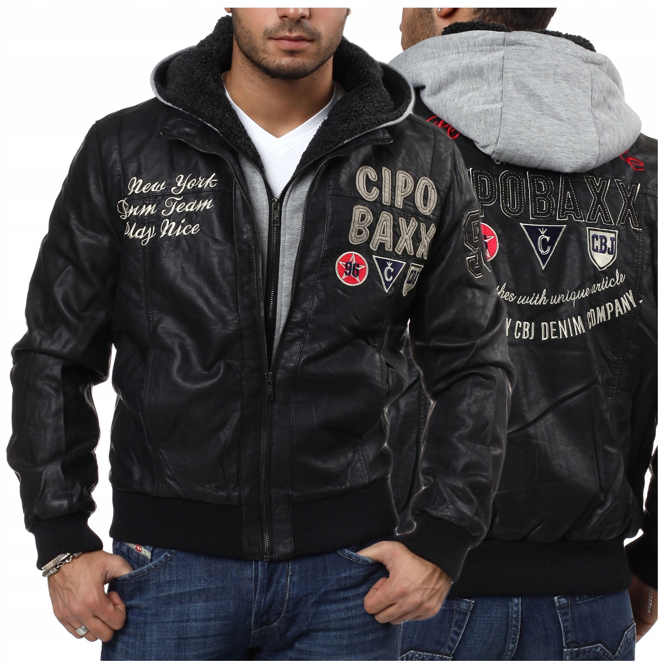 Cipo Baxx Pánská baseballová bunda Kapuce Kůže