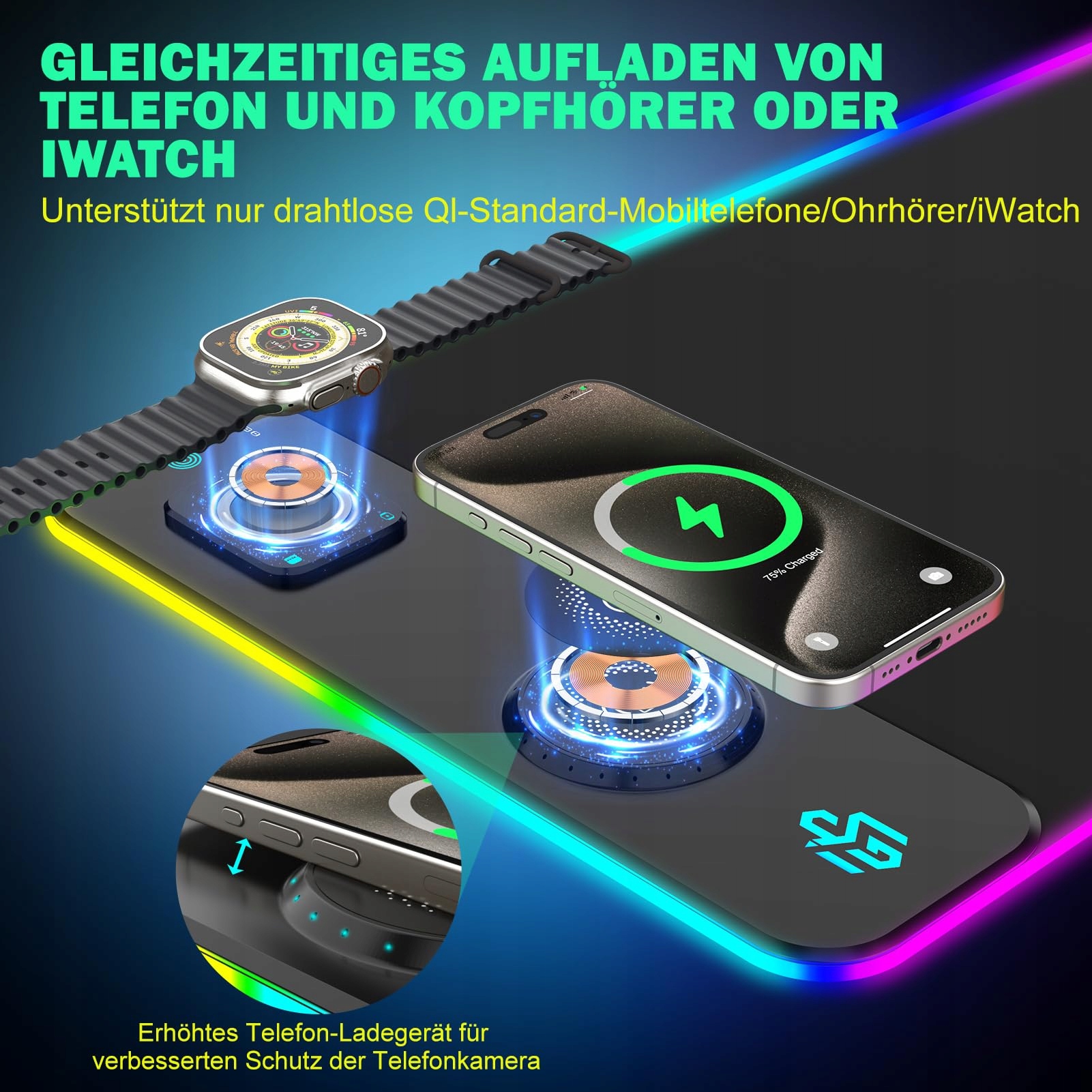 RGB GAMING Podkładka LED Qi 15W Bezprzewodowe Ładowanie — miniatura 2