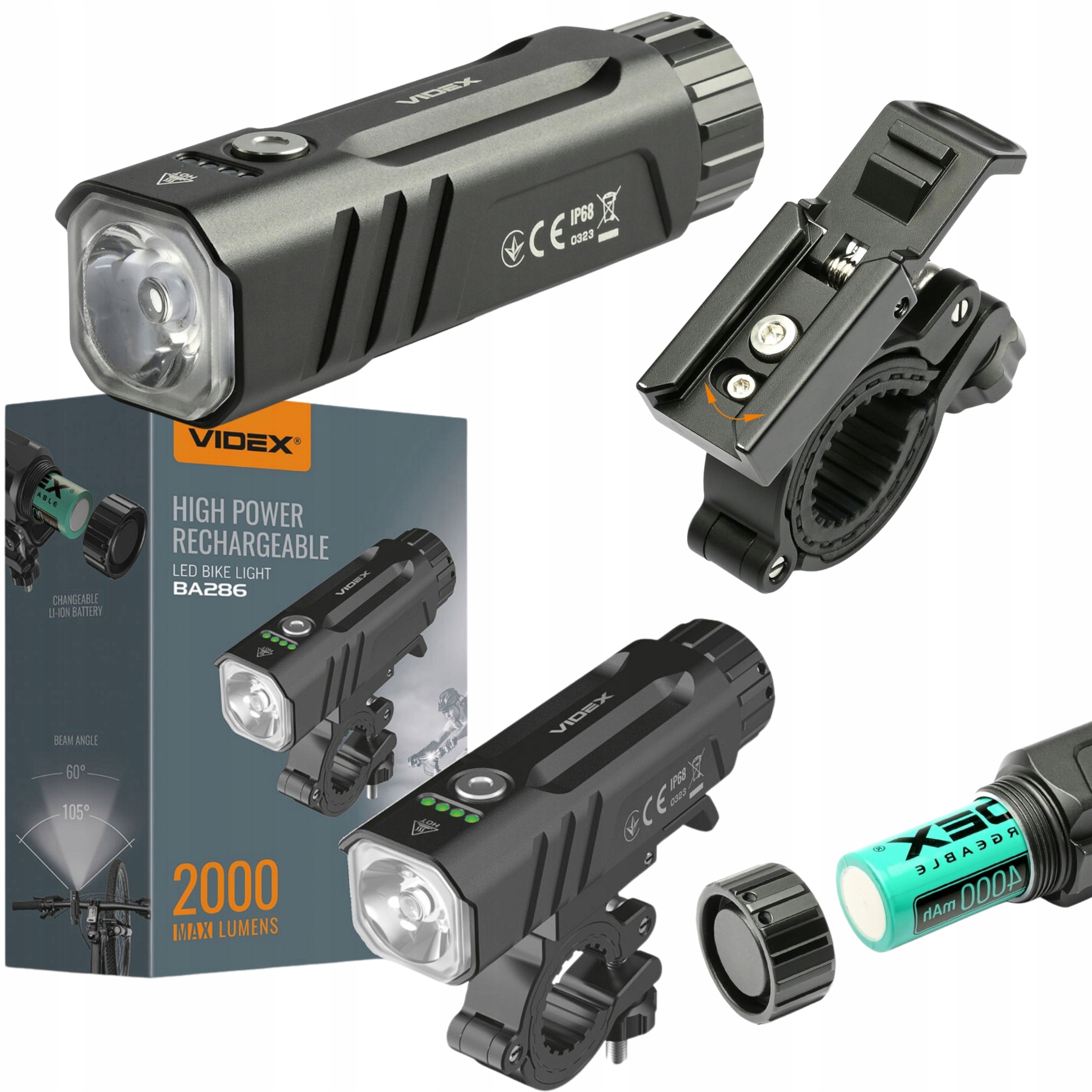 Lampička na kolo Silná vodotěsná Led lampa Videx 2000 lm Akumulátor