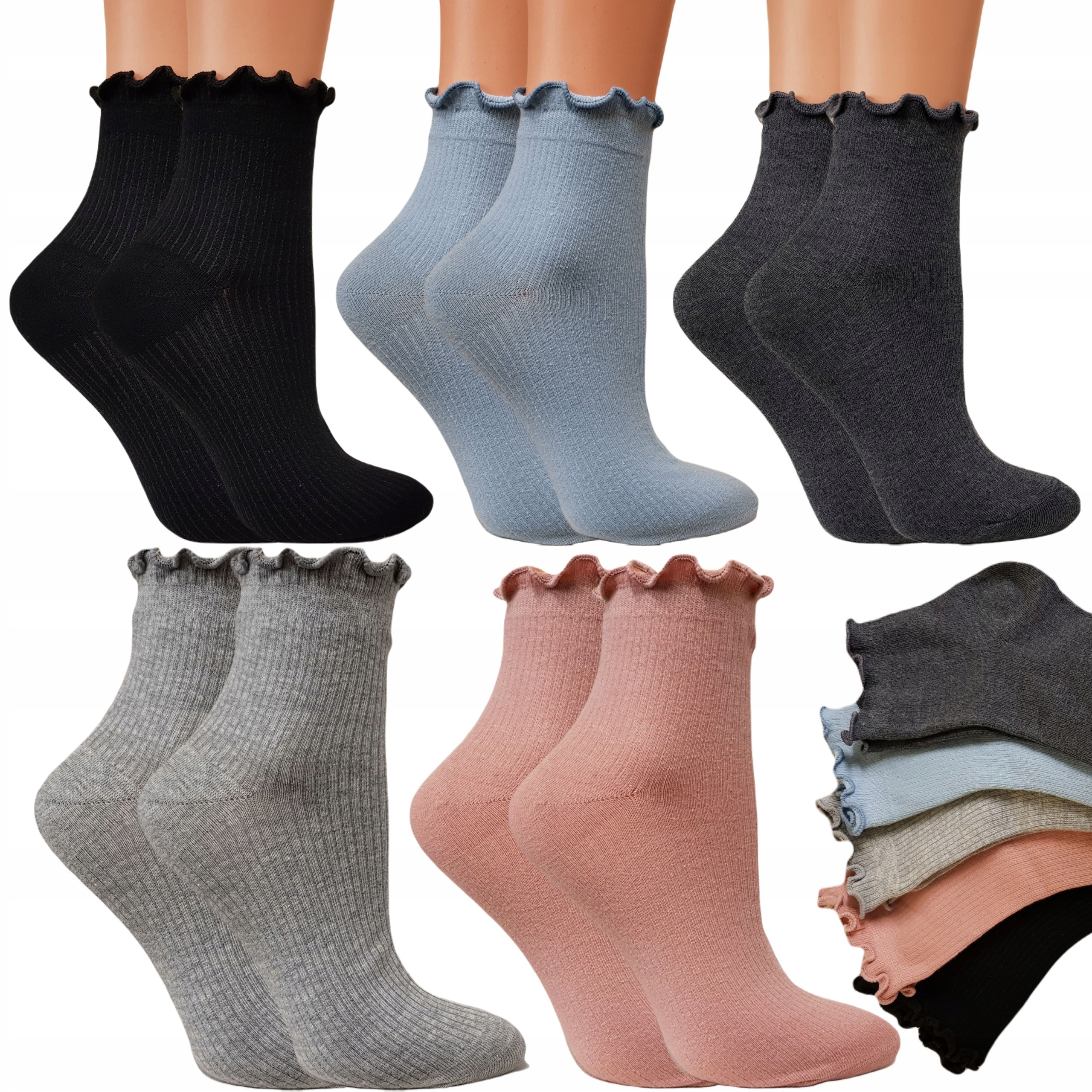 

5X Skarpety Damskie Bawełniane Falbanka Prążek