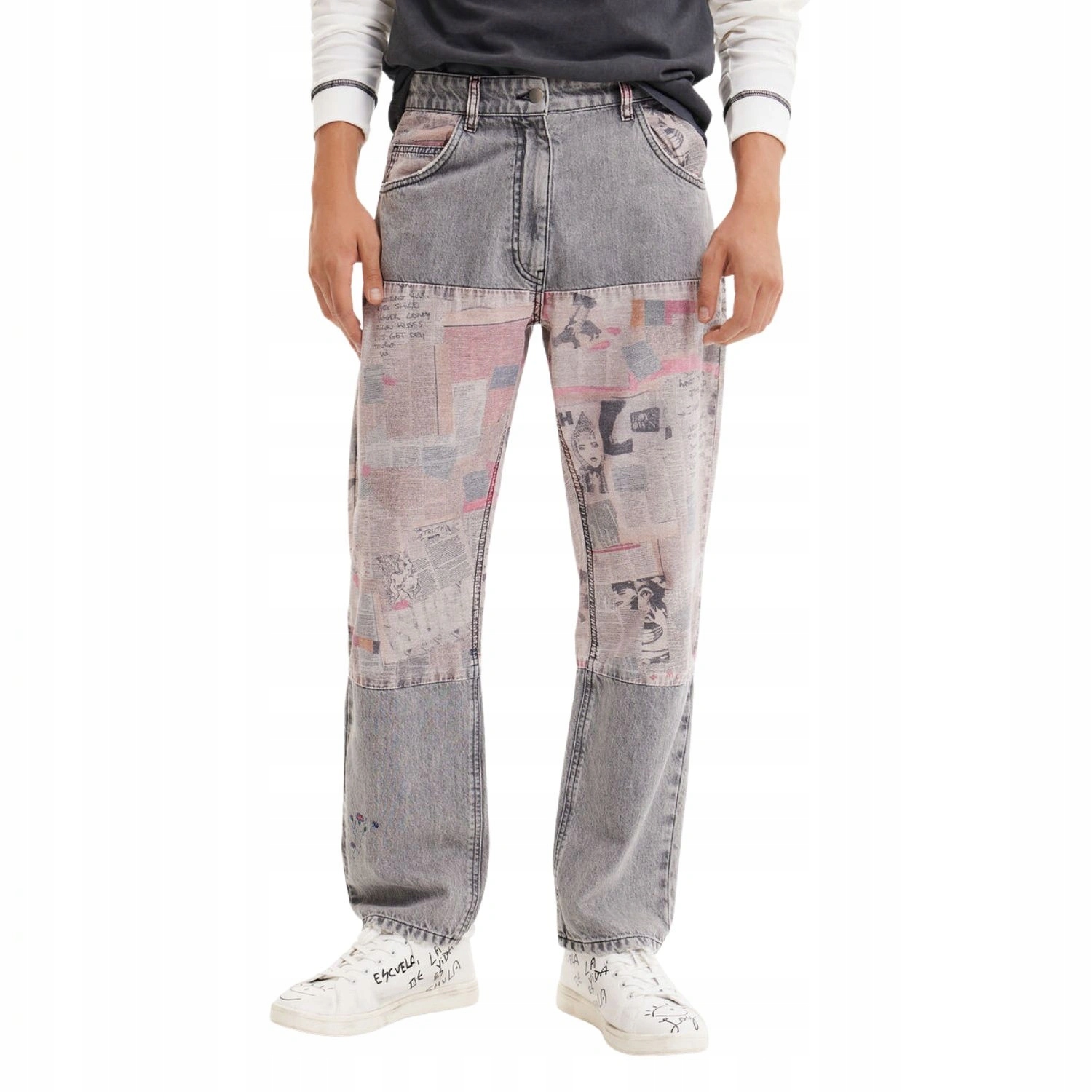 Pánské kalhoty Desigual klasické šedé džíny s potiskem, velikost W30