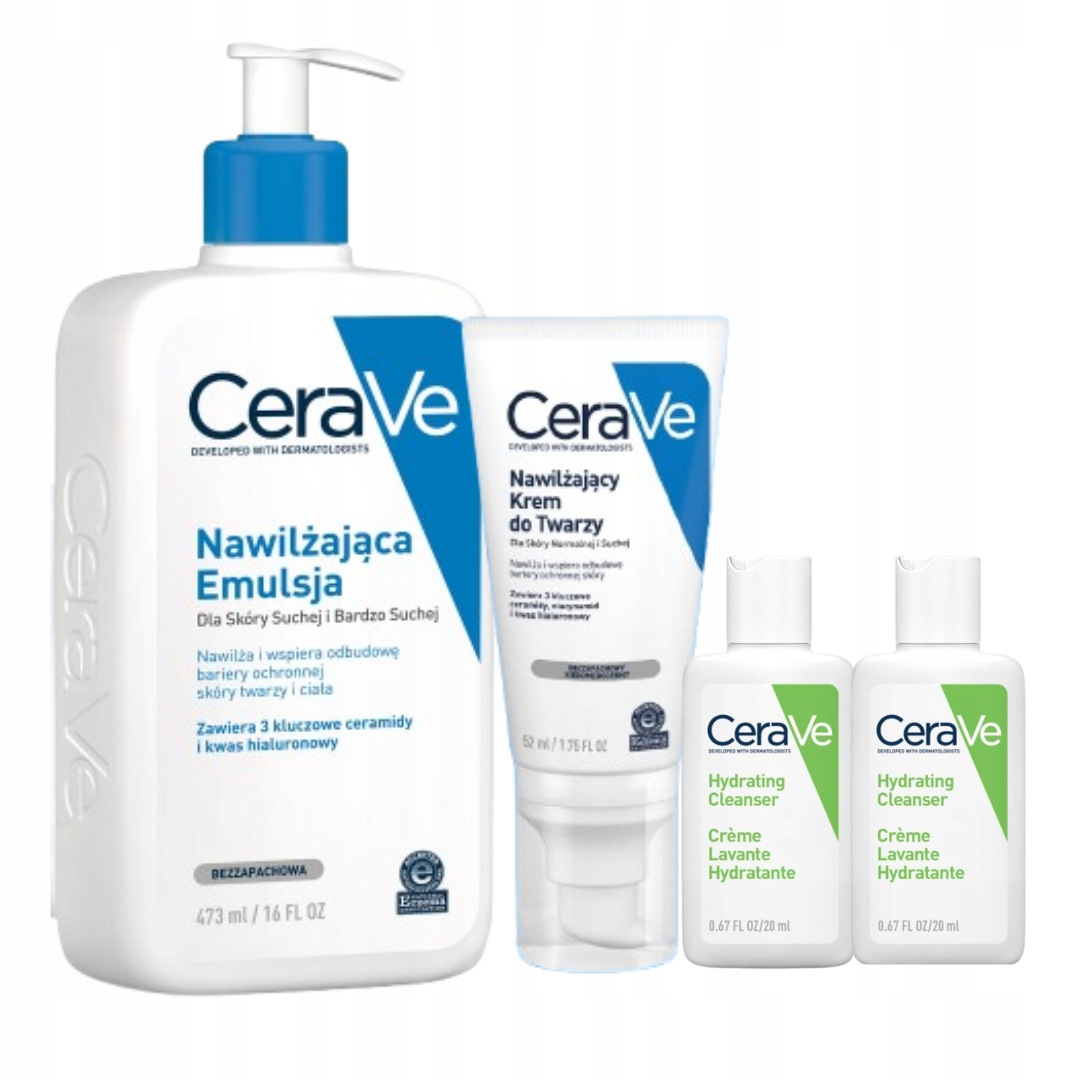 CeraVe Zestaw Nawilżający Krem do Twarzy 52ml, Emulsja Twarz i Ciało 473ml