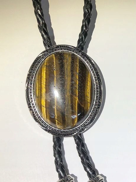 Bolo kravata westernová pletenina přírodní kůže velký kámen tygří oko 3