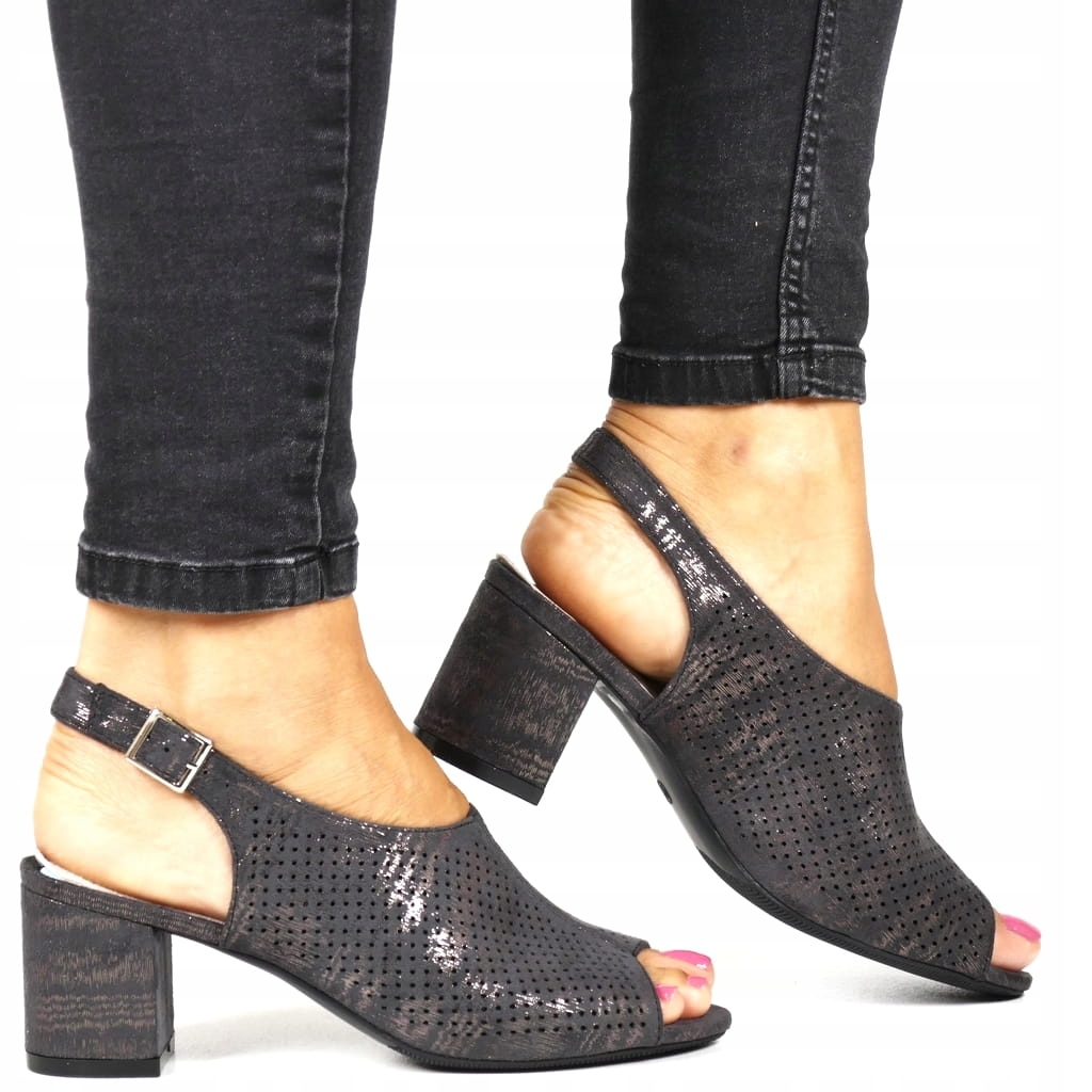 Dámské Sandály Na Podpatku, Černé Semišové, Peep Toe, Ažurové, Módní