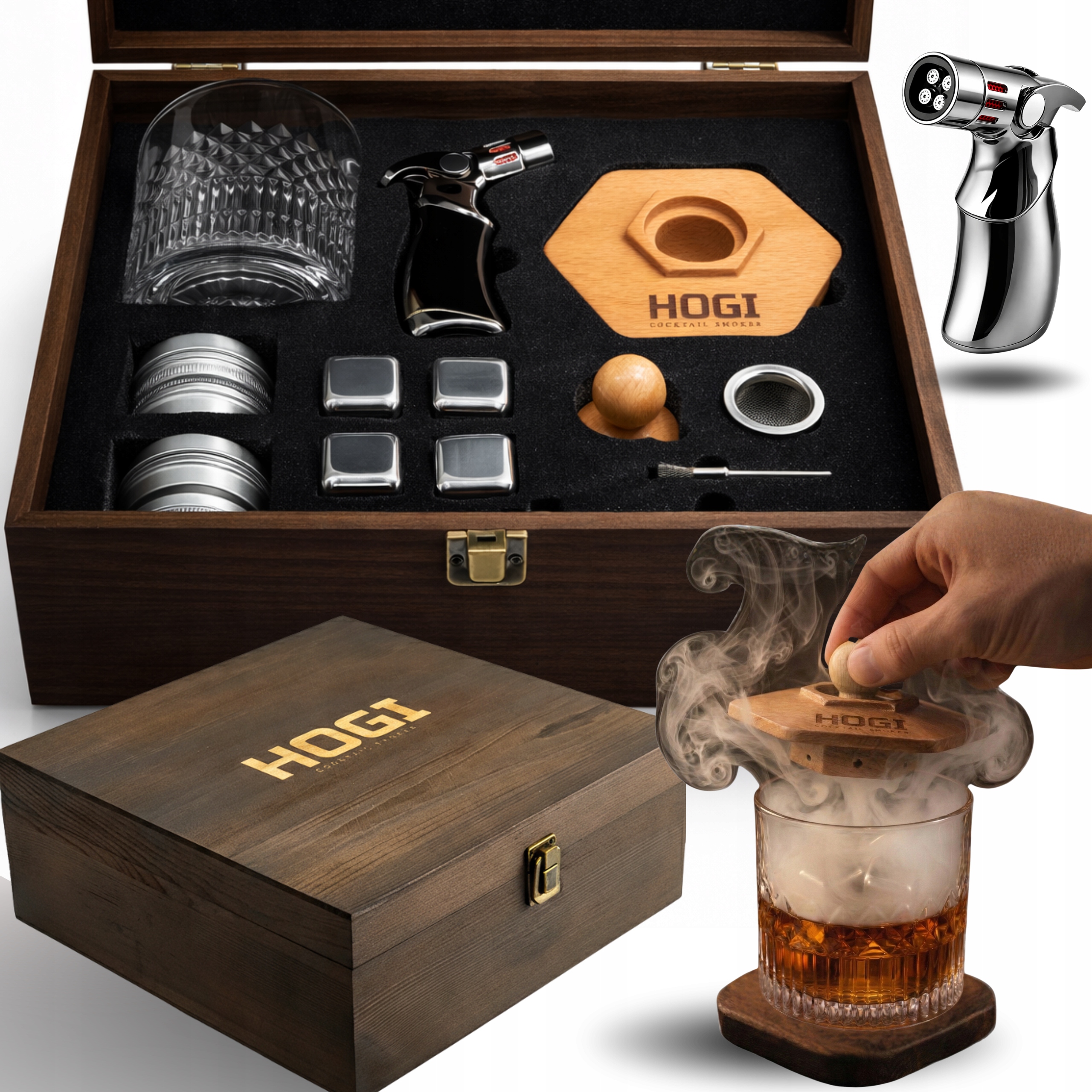 Sada na uzení Whisky XL Hořák Dřevěná krabička Sklenice 4 Příchutě