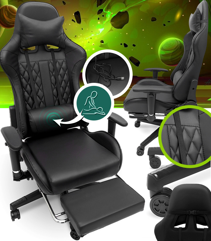 Herní Křeslo S Podnožkou Černé, Prošívané, Kancelářský Masážní Přístroj Grac