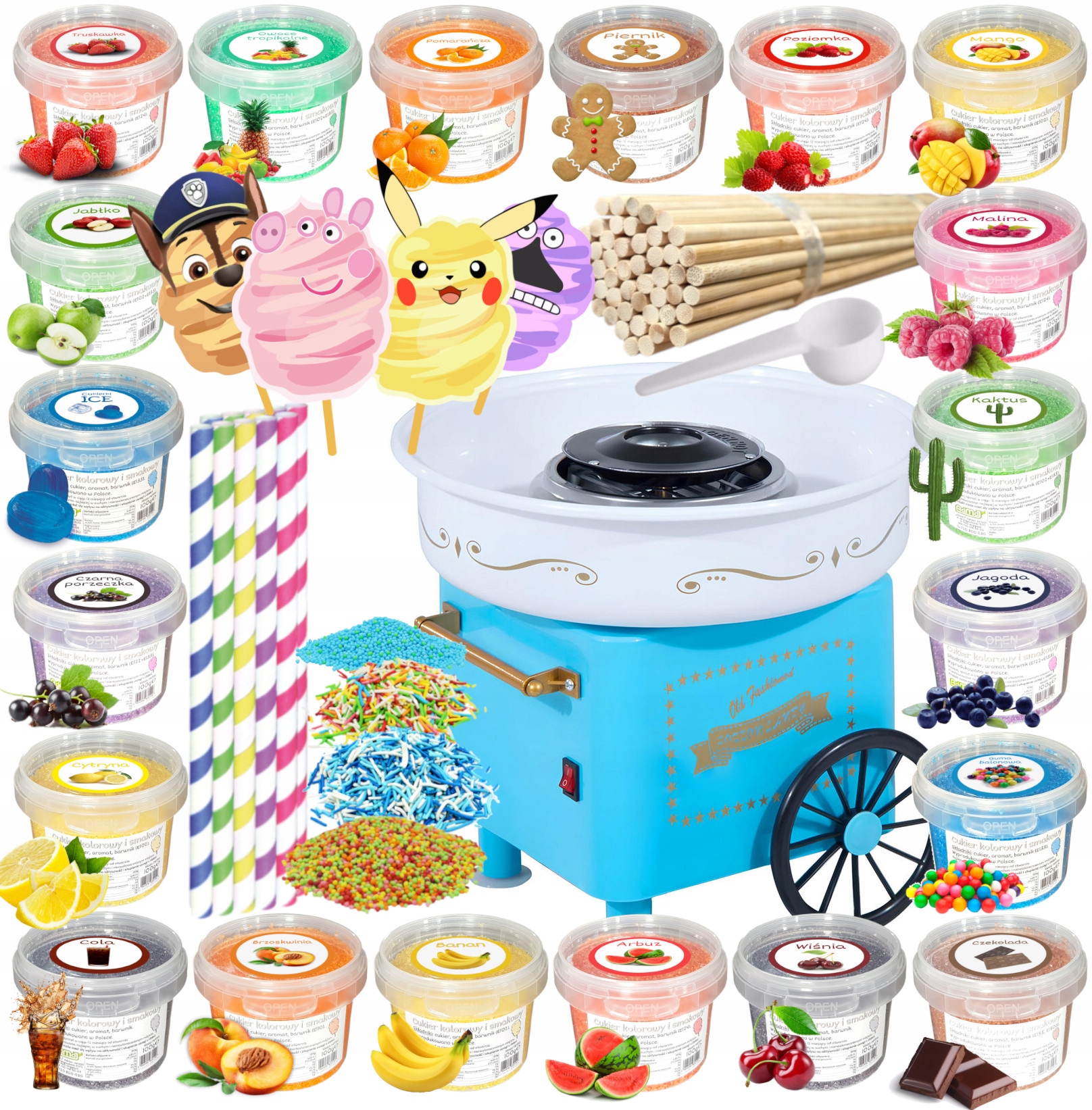 Sada Stroj na cukrovou vatu Cukr 20x 100g Kbelík tyčinky posypky