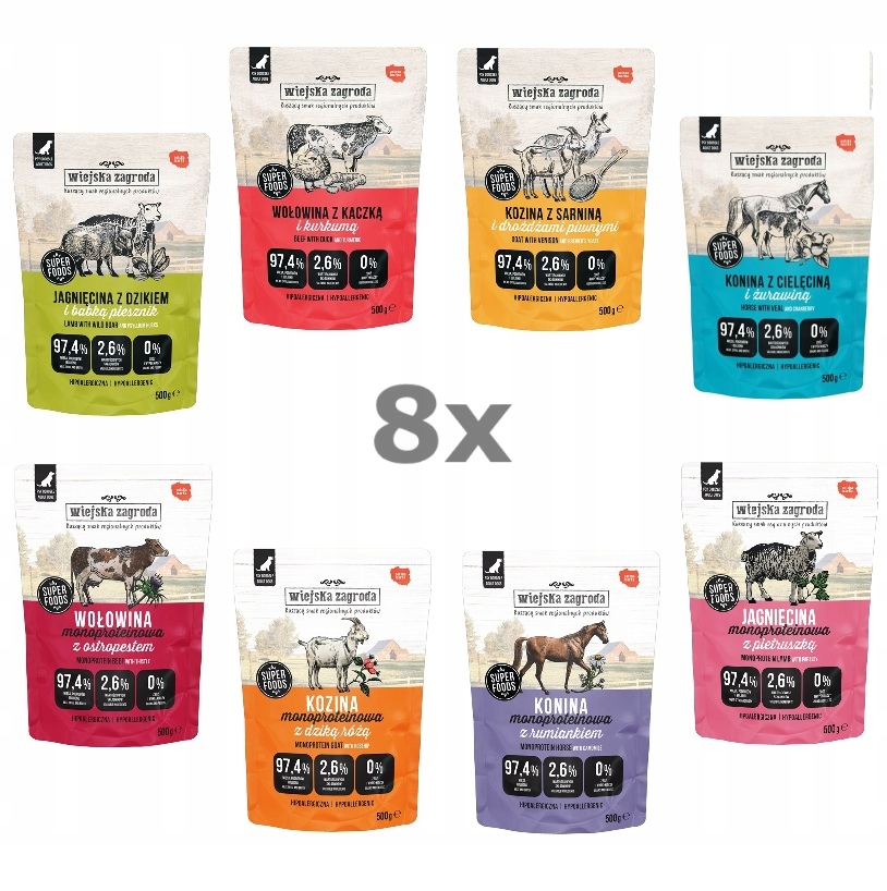 Karma mokra dla psa Wiejska Zagroda MIX Smaków Mono/Duo 8x500g