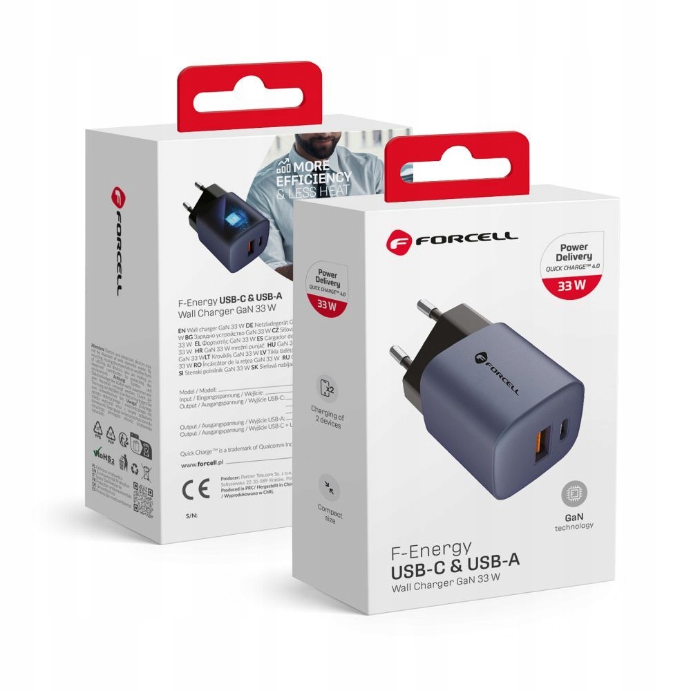Ładowarka sieciowa do telefonu Forcell F-Energy GaN Usb C Usb A QC4.0 Pd