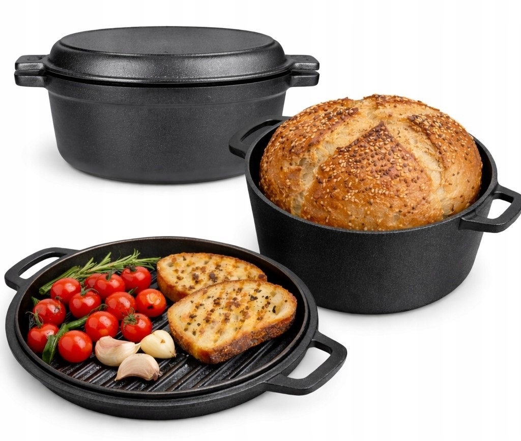 Garnek Żeliwny 26cm Pokrywą Patelnia Grill 2w1 Brytfanna do Pieczenia 4,8 L