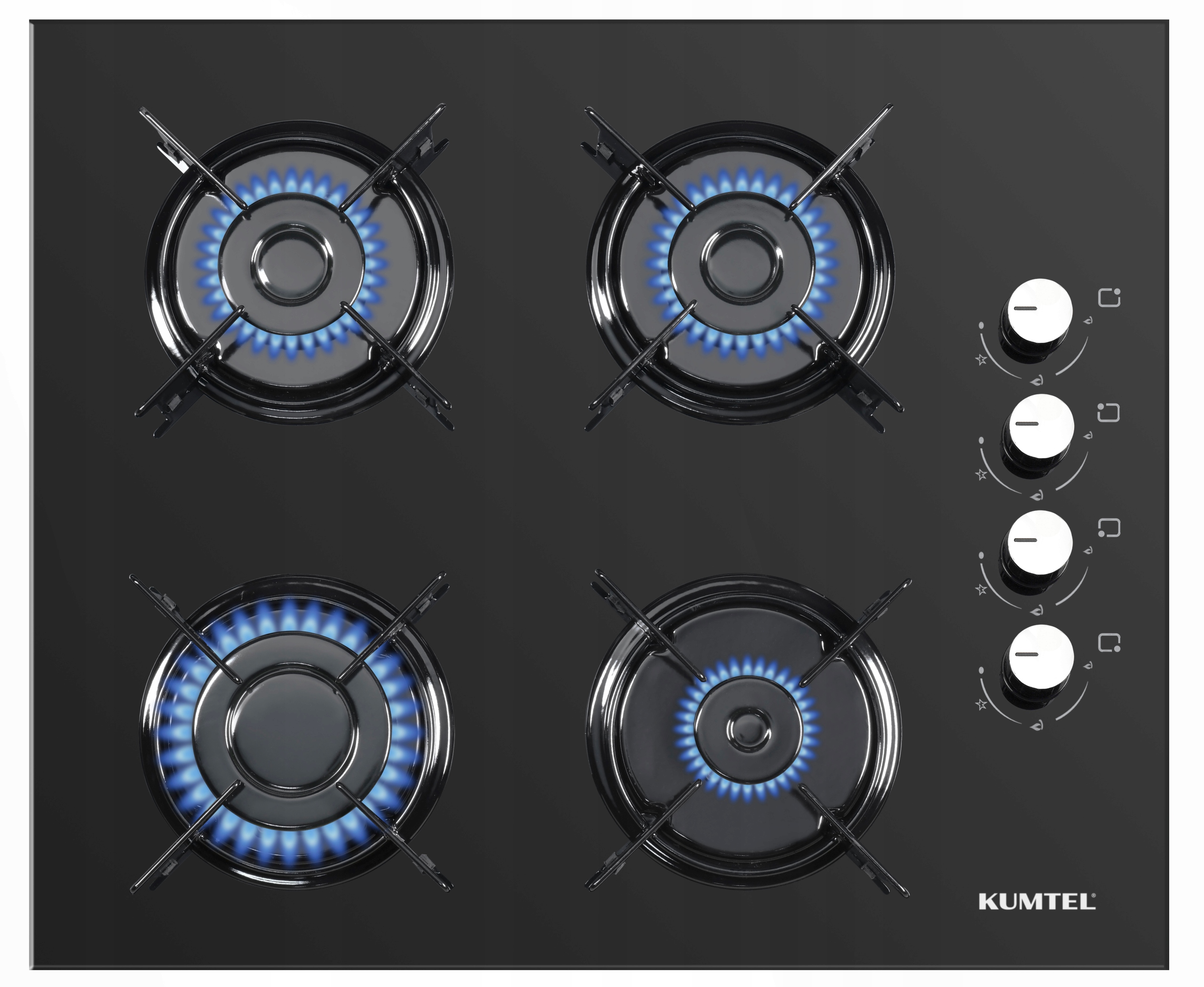 PŁYTA GAZOWA DO ZABUDOWY 4 PALNIKI 60cm CZARNE SZKŁO SREBRNE POKRĘTŁA