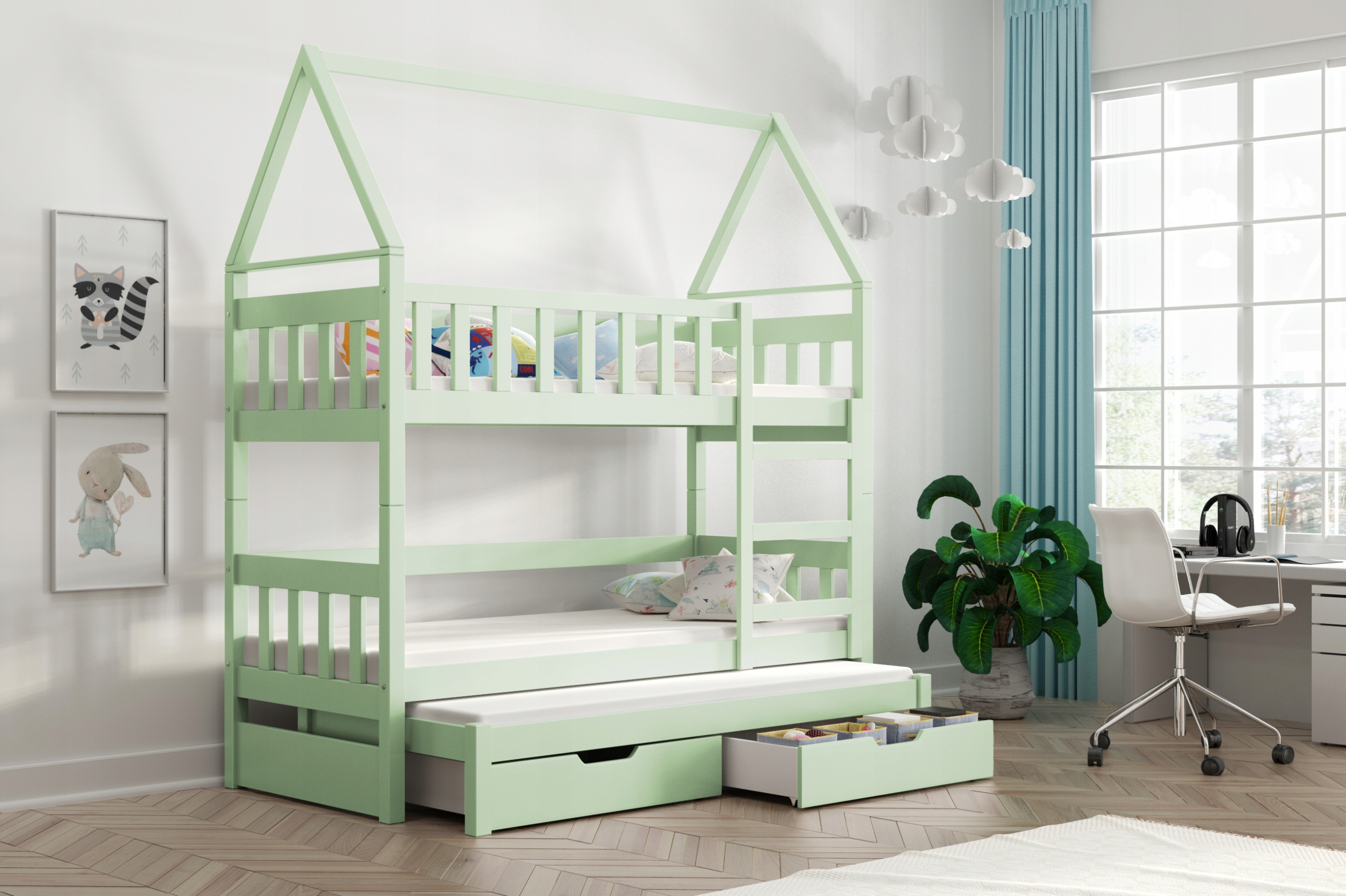 Łóżko piętrowe dla 3 osób DOMEK 160 x 75 - materace gratis ! Szerokość produktu 81 cm