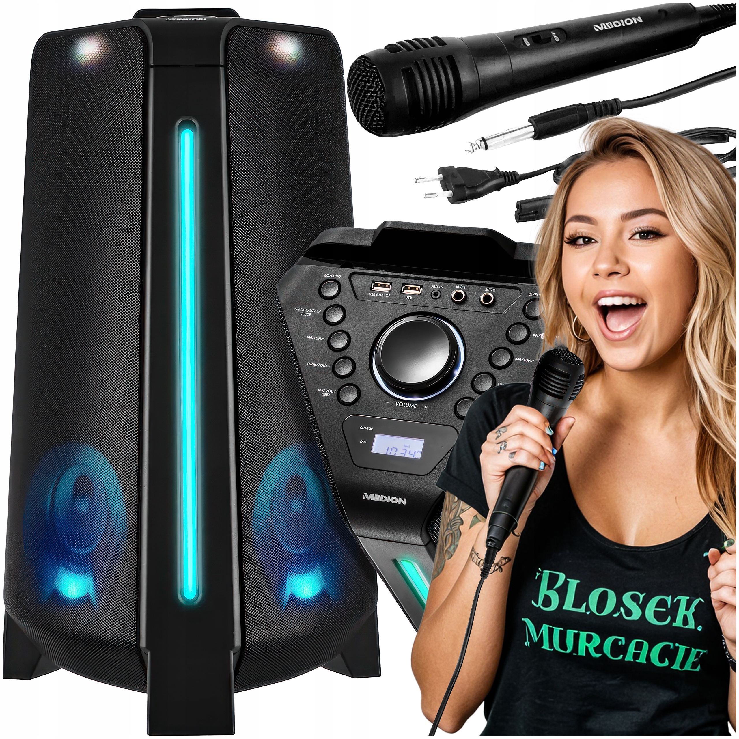 Głośnik Mikrofon Bezprzewodowy Karaoke Mobilny Bluetooth Tws Led Fm Usb