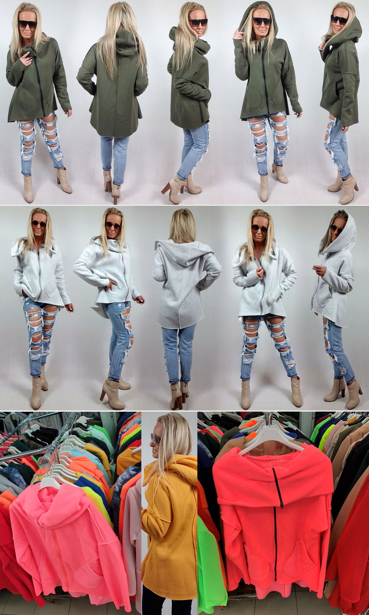 ASYMETRYCZNA BLUZA TUNIKA KARDIGAN KOMIN KAPTUR S Dekolt lejący