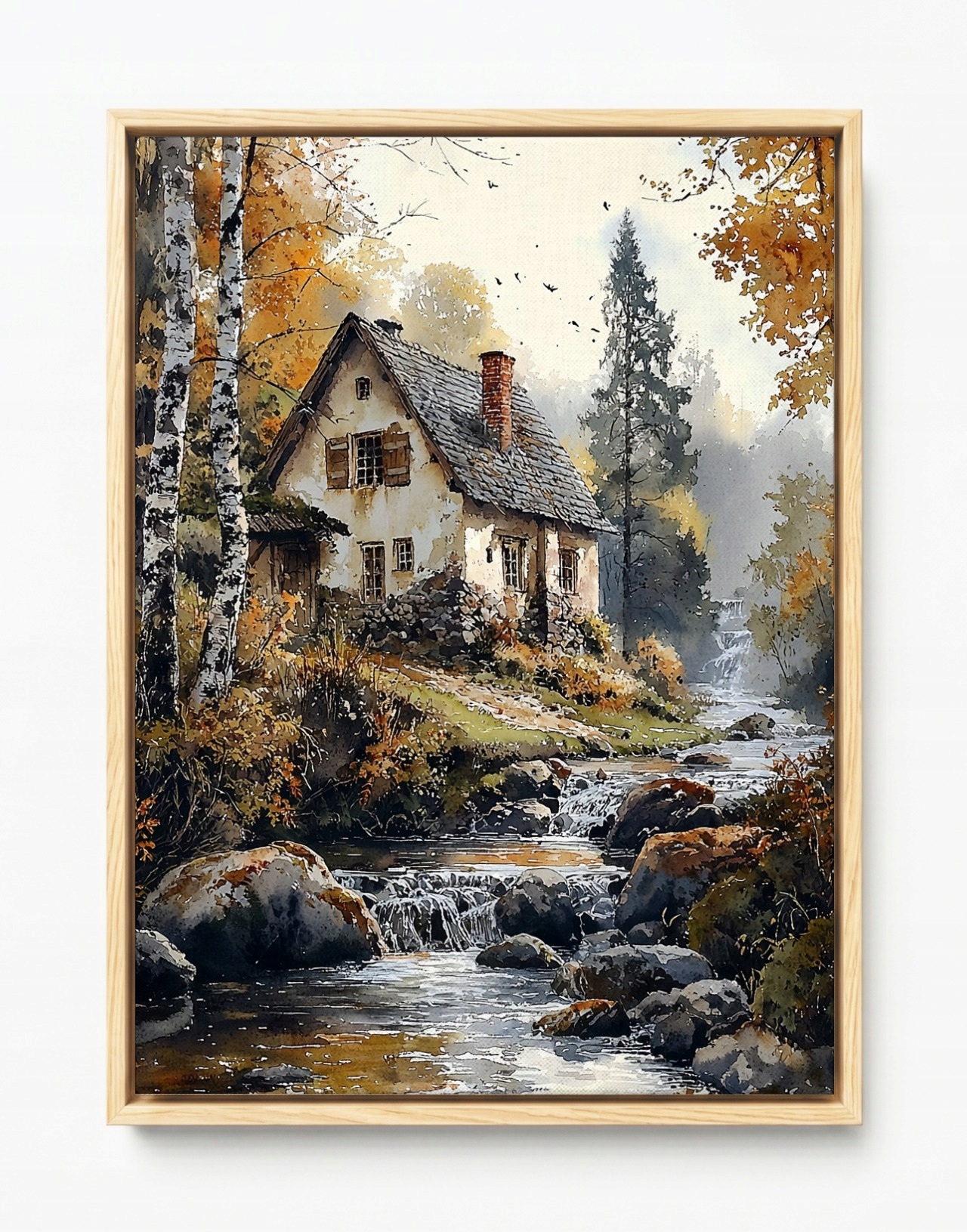 Obraz Rám Americký Box Krajina Podzimní Les Dům Chata Řeka Vodopád 75x100