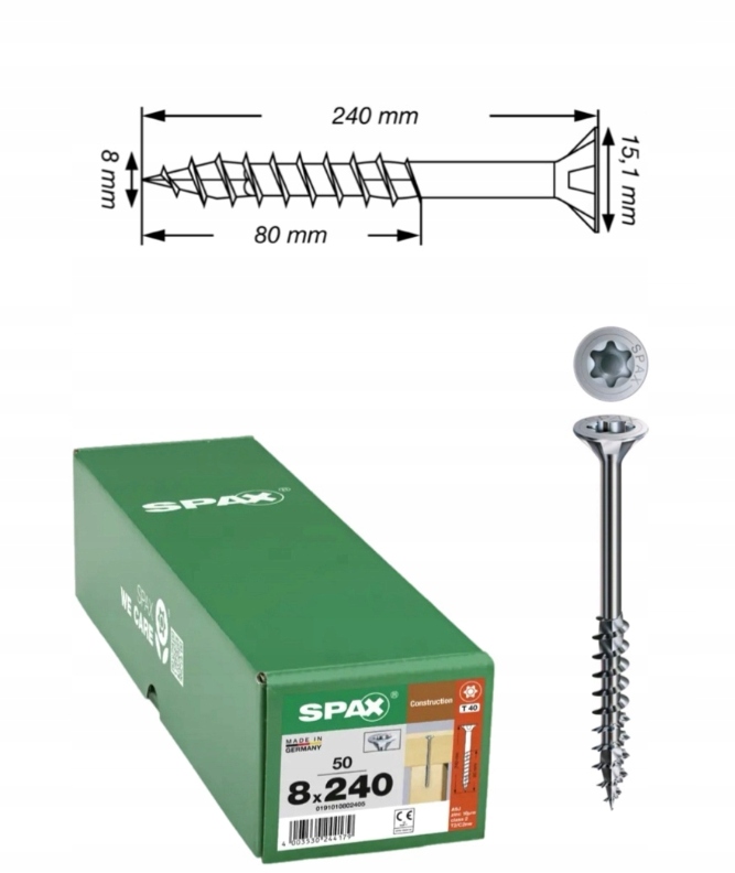 Univerzální vruty Wirox pro dřevěné konstrukce Spax 8 x 240 mm 50 ks