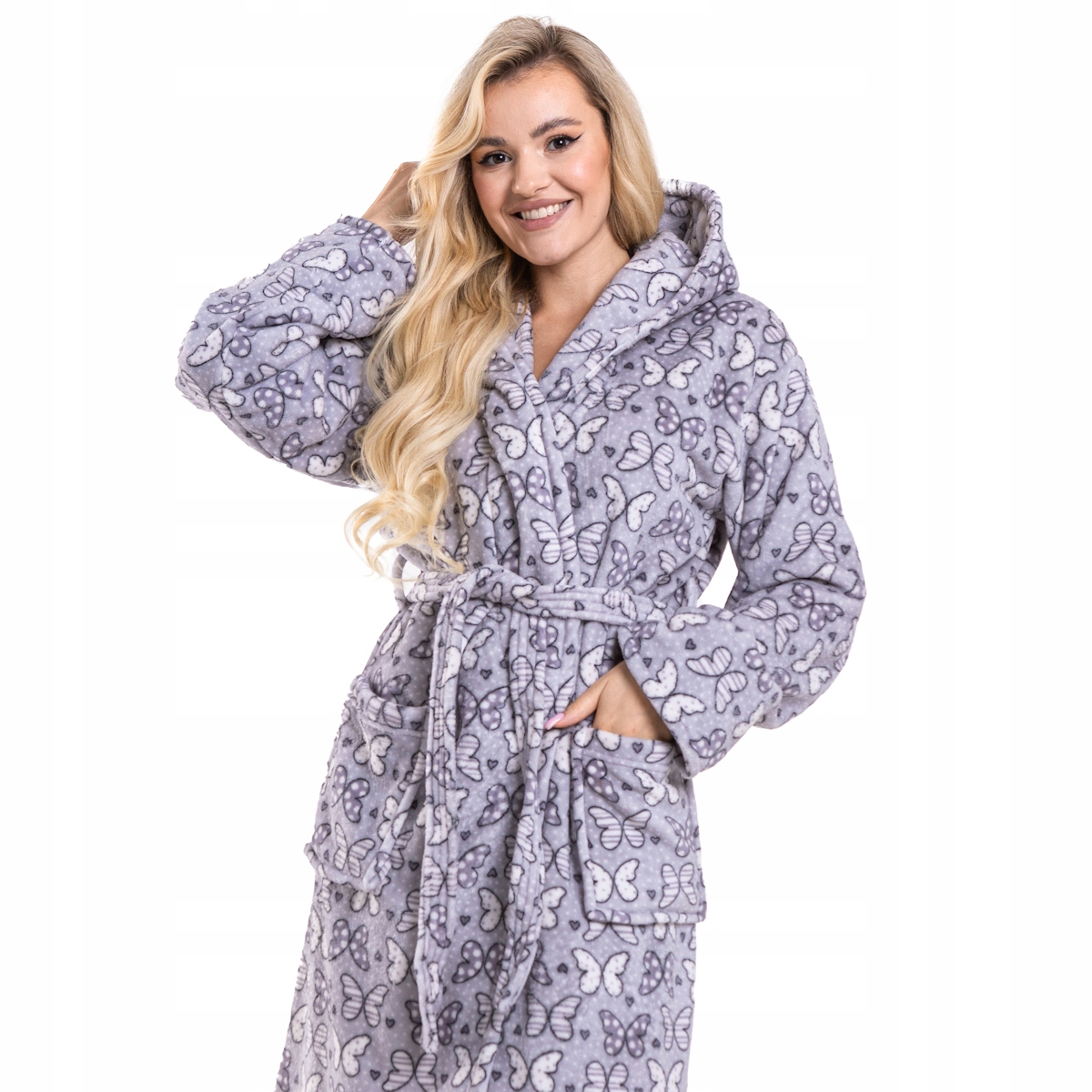 Dámský chlupatý župan s kapucí L/XL motýli