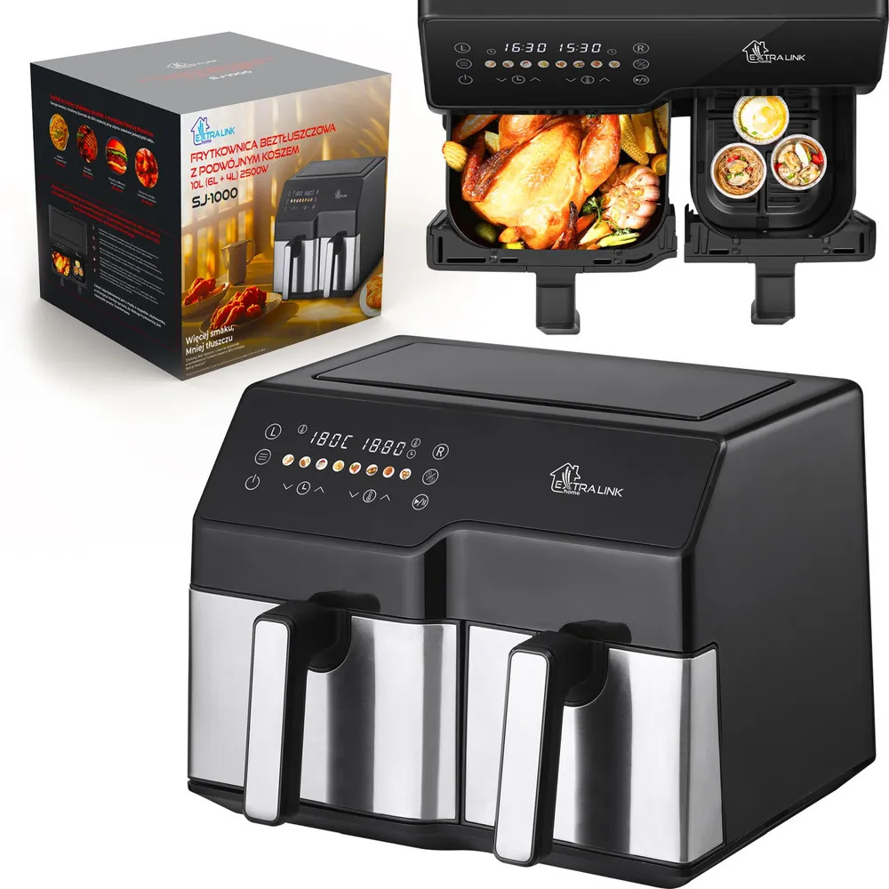 Duża dwukomorowa Frytownica 10L Air Fryer SJ-1000 Dual 6L+4 Dwa Kosze 2500W