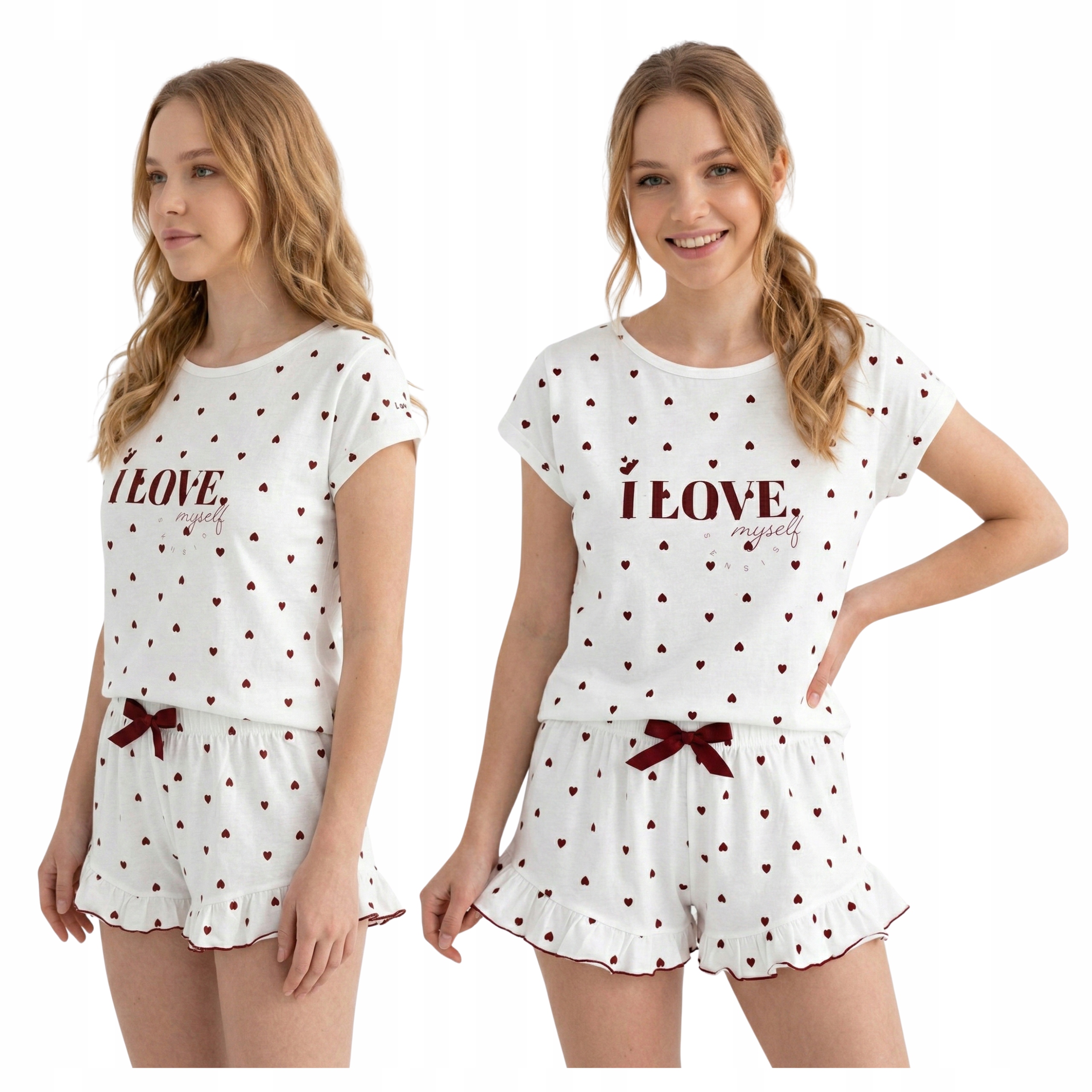 Piżama Damska Bawełniana Krótkie Spodenki w Serduszka Love Valentina XL