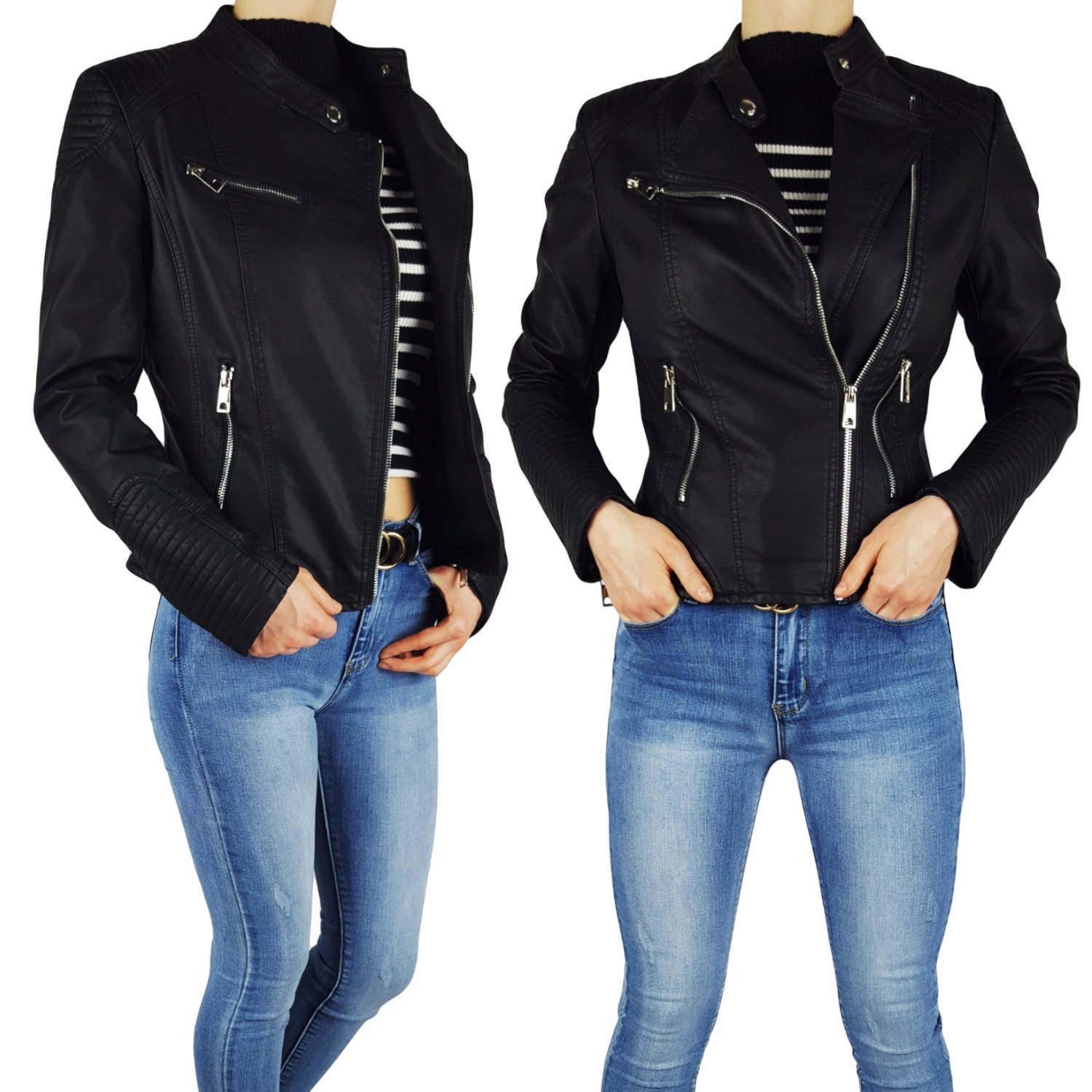 #dámská Kožená Bunda Ramoneska Se Zipy Biker Černá#