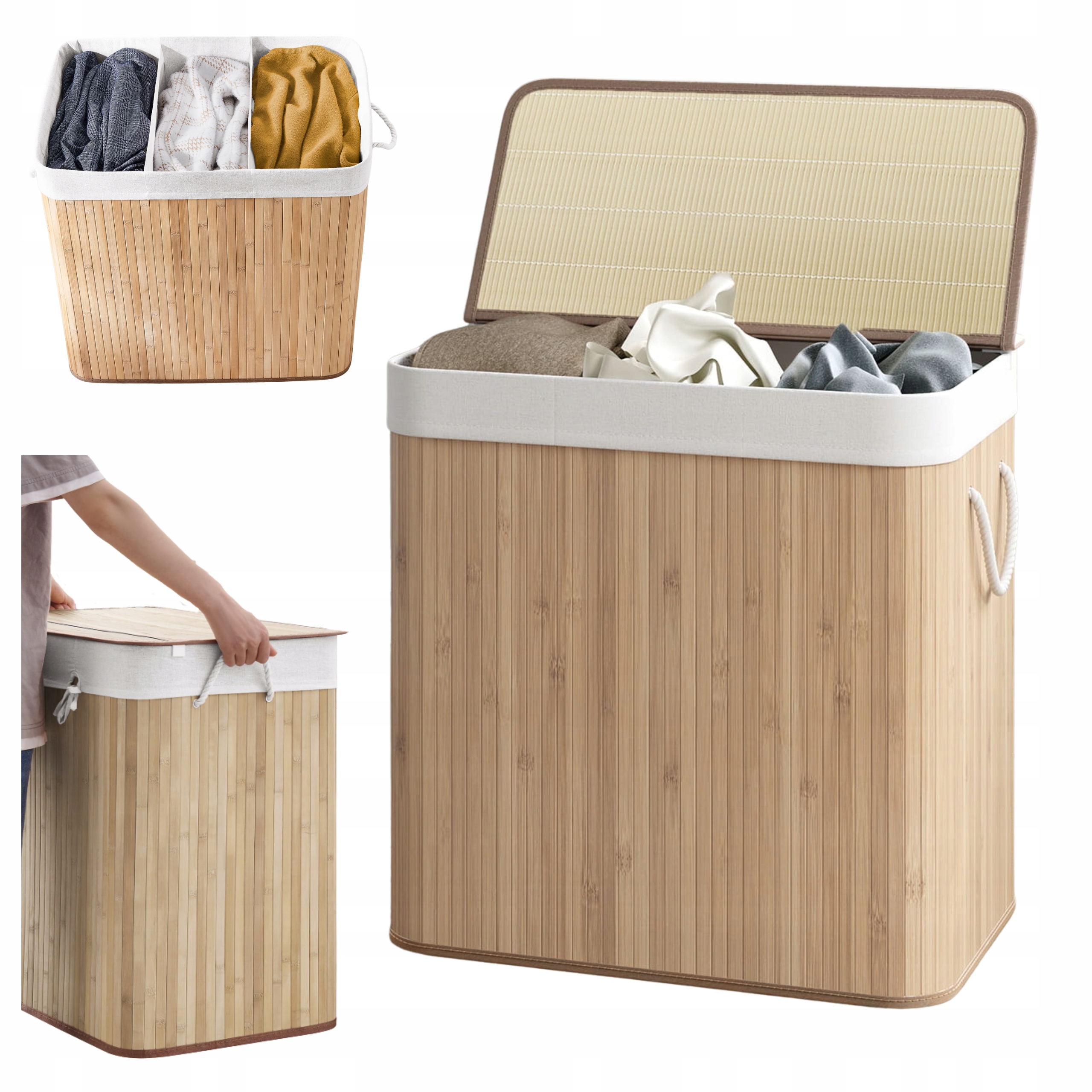 Koš na prádlo s víkem, 3 komory, 150 litrů, bambusový, skládací, Prostorný