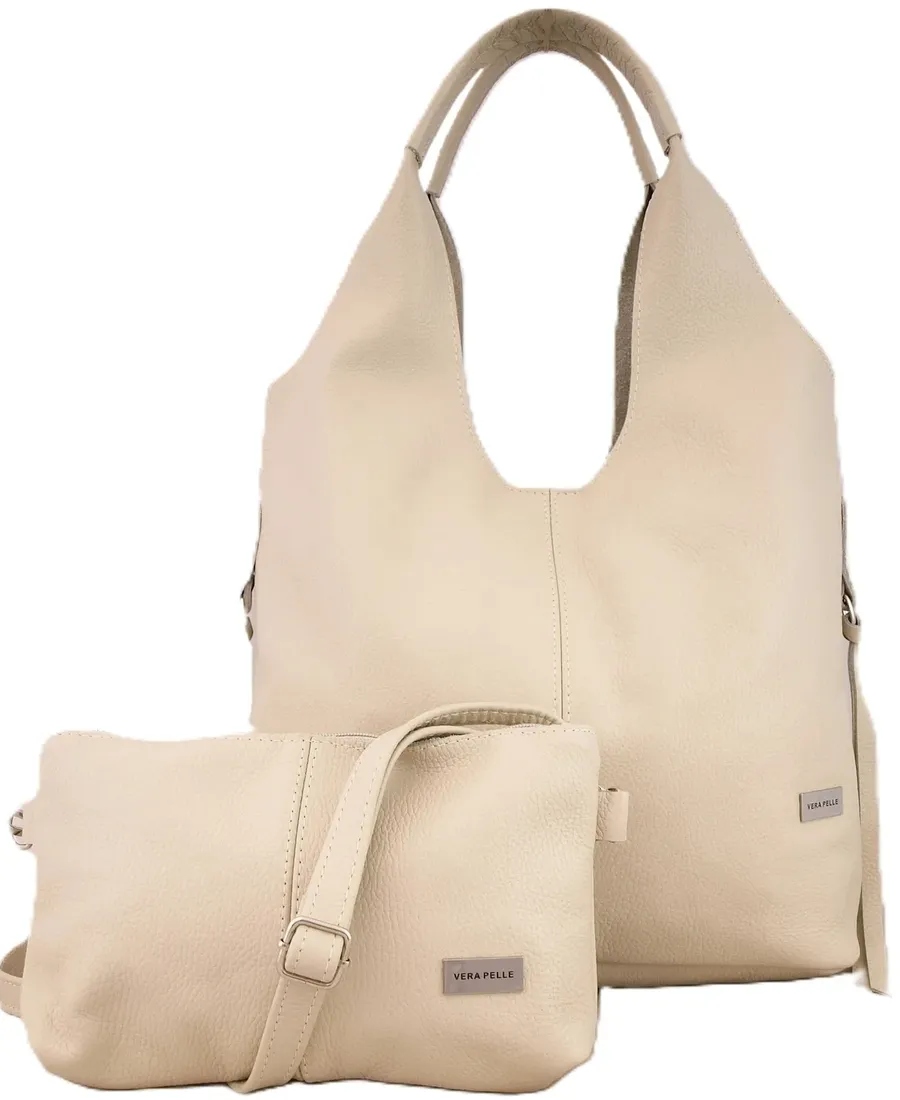 Skórzana Torebka Shopper Skóra Naturalna Włoska Vera Pelle model 2w1 Beż