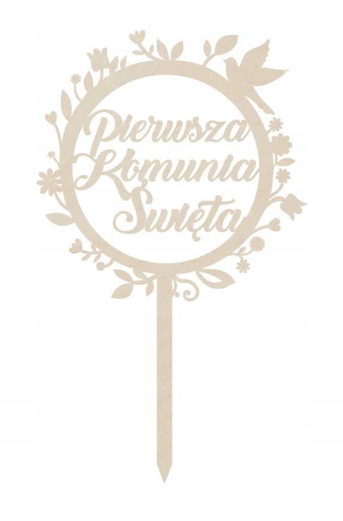 Topper drewniany dekoracja Pierwsza Komunia Święta kwiatowy z gołębiem