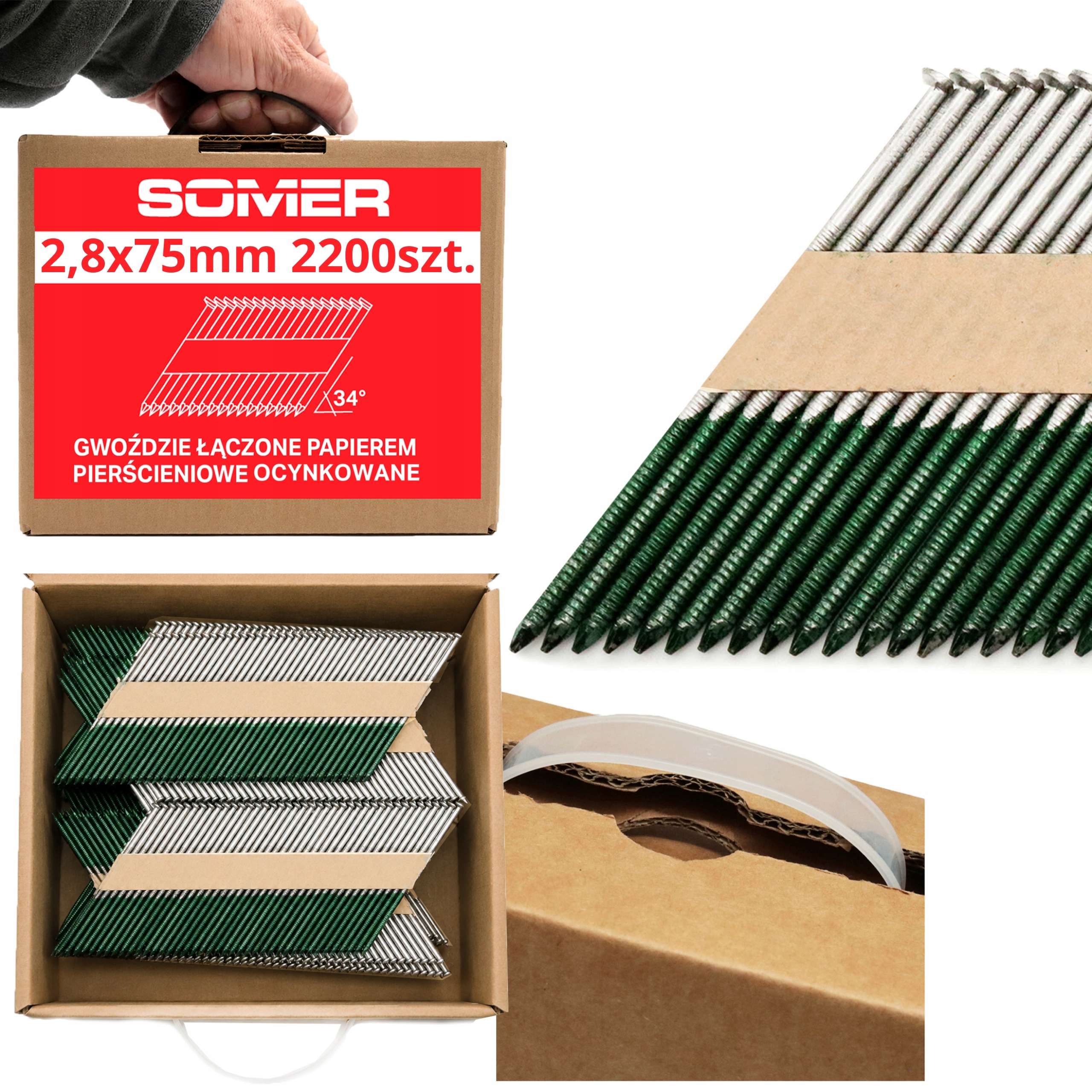 Hřebíky do hřebíkovačky spojené papírem 2,8x75mm 34° 2200ks Pozinkované