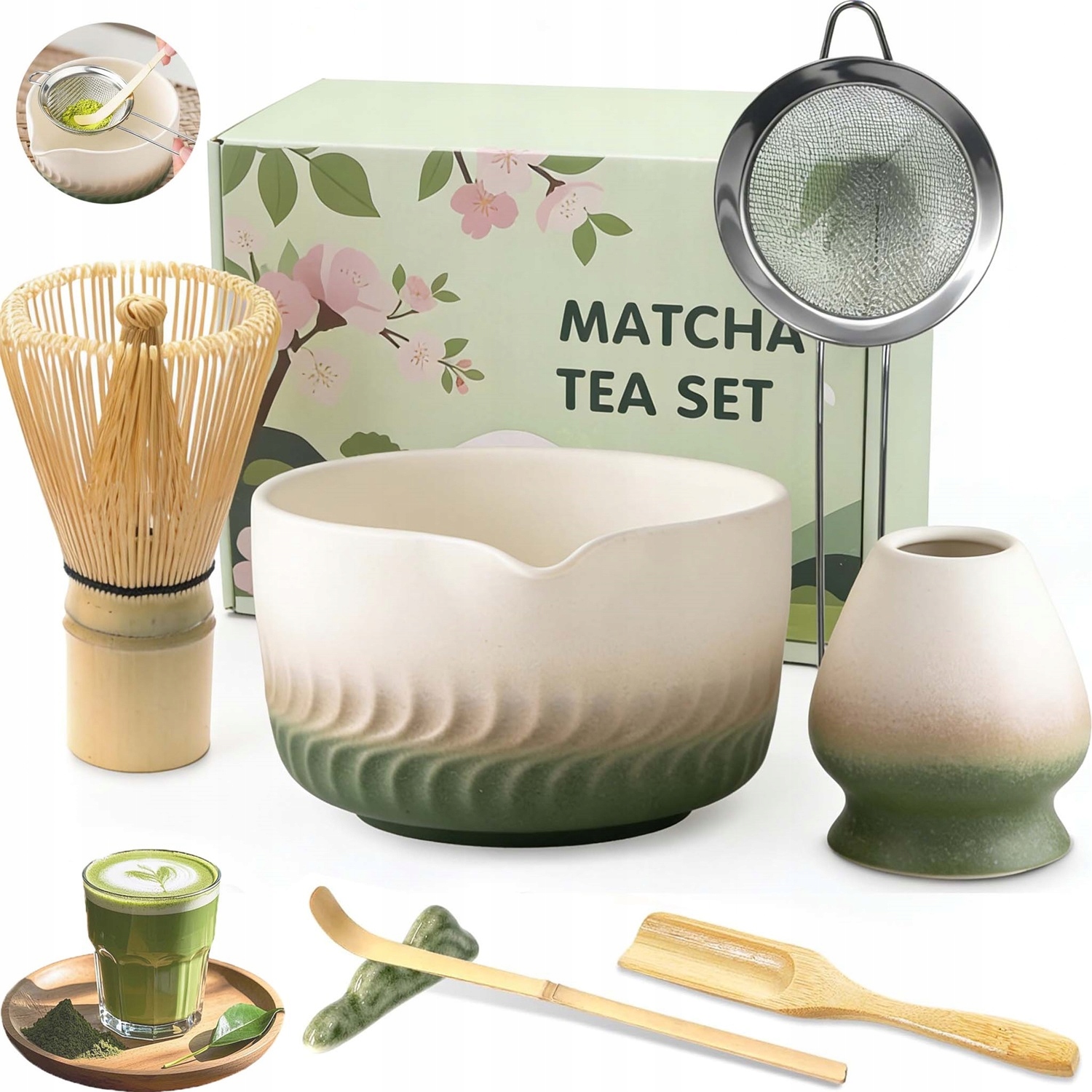 Levně Dárková Sada Na Čaj Matcha Metla Podstavec Lžička 7-DÍLNÁ