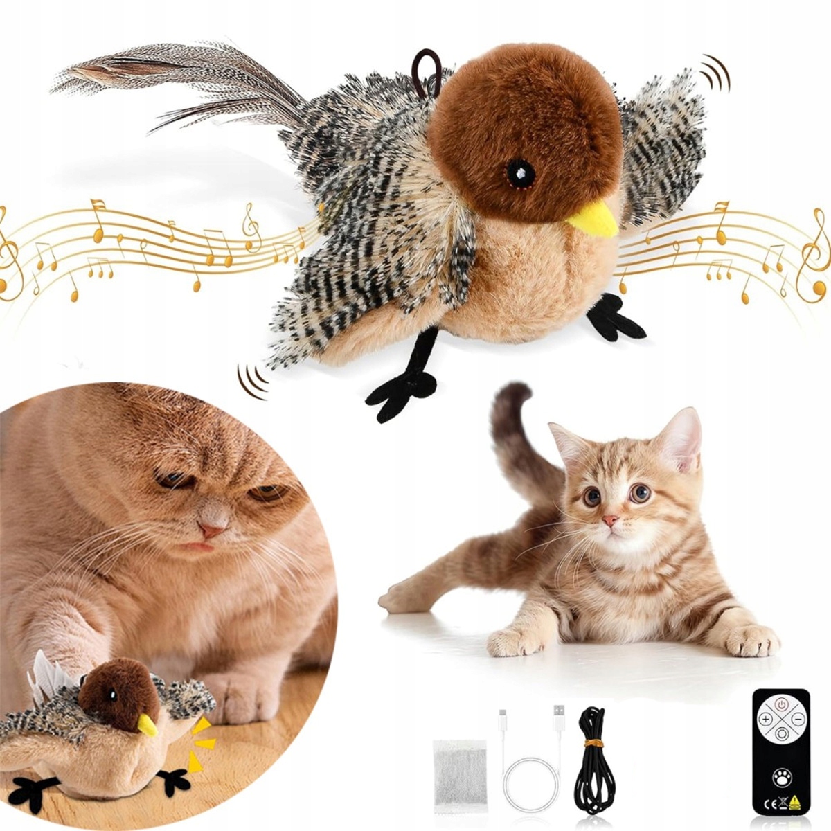 Levně Hračka pro kočky – interaktivní plyšový ptáček – pohyb a ptačí zvuky!