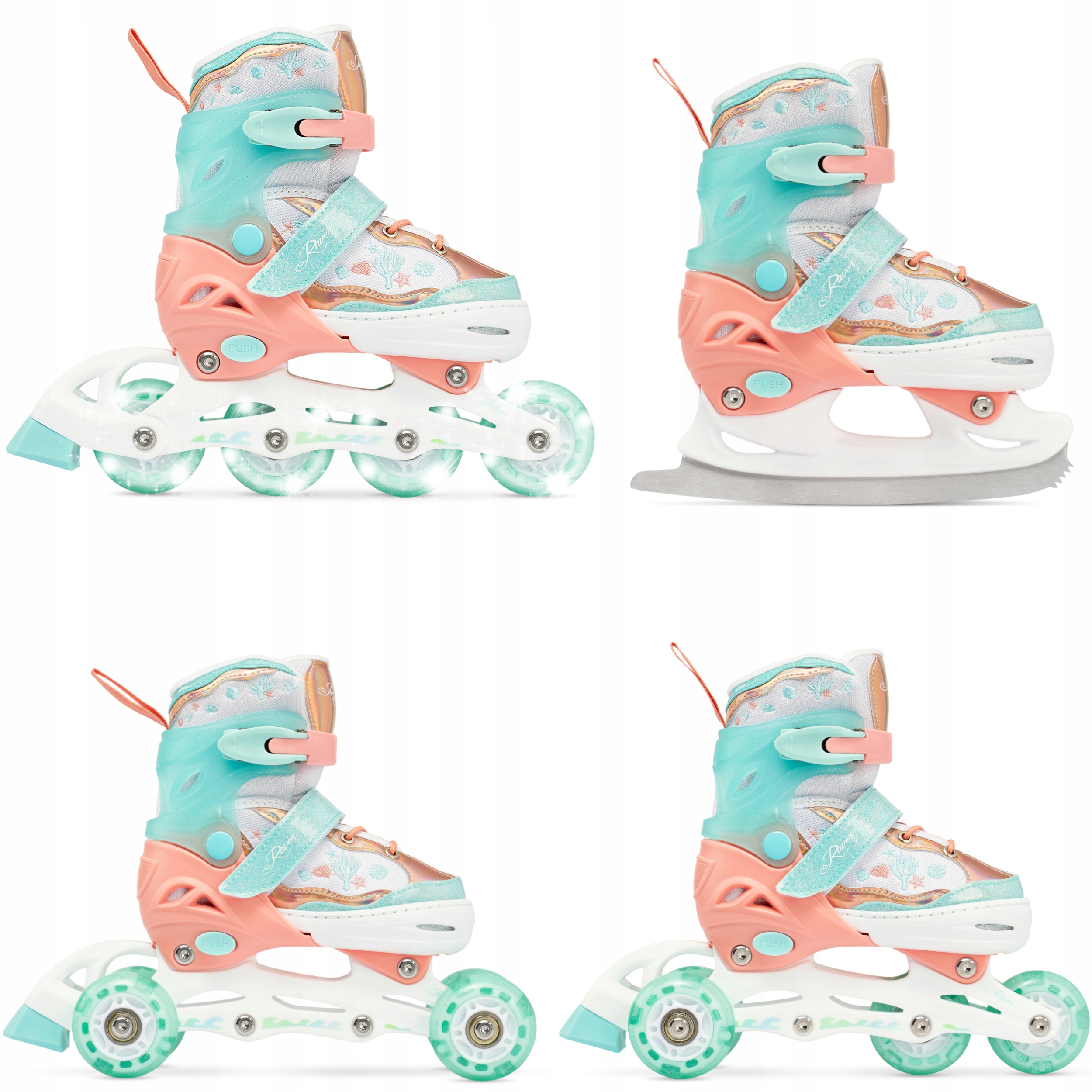 Rolki Łyżwy Wrotki 4w1 Regulowane Raven Isla Orange/Mint 27-30 Kółka Led