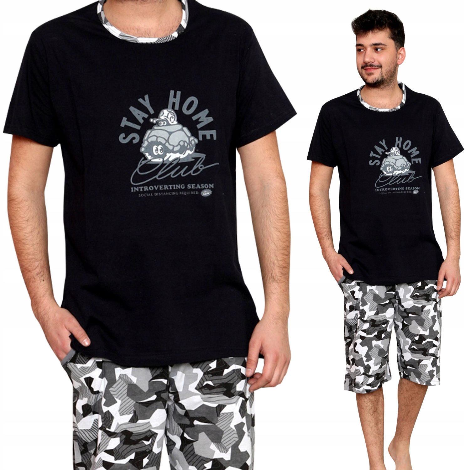 

Bawełniana Piżama Męska Krótki Rękaw Kieszenie Mor