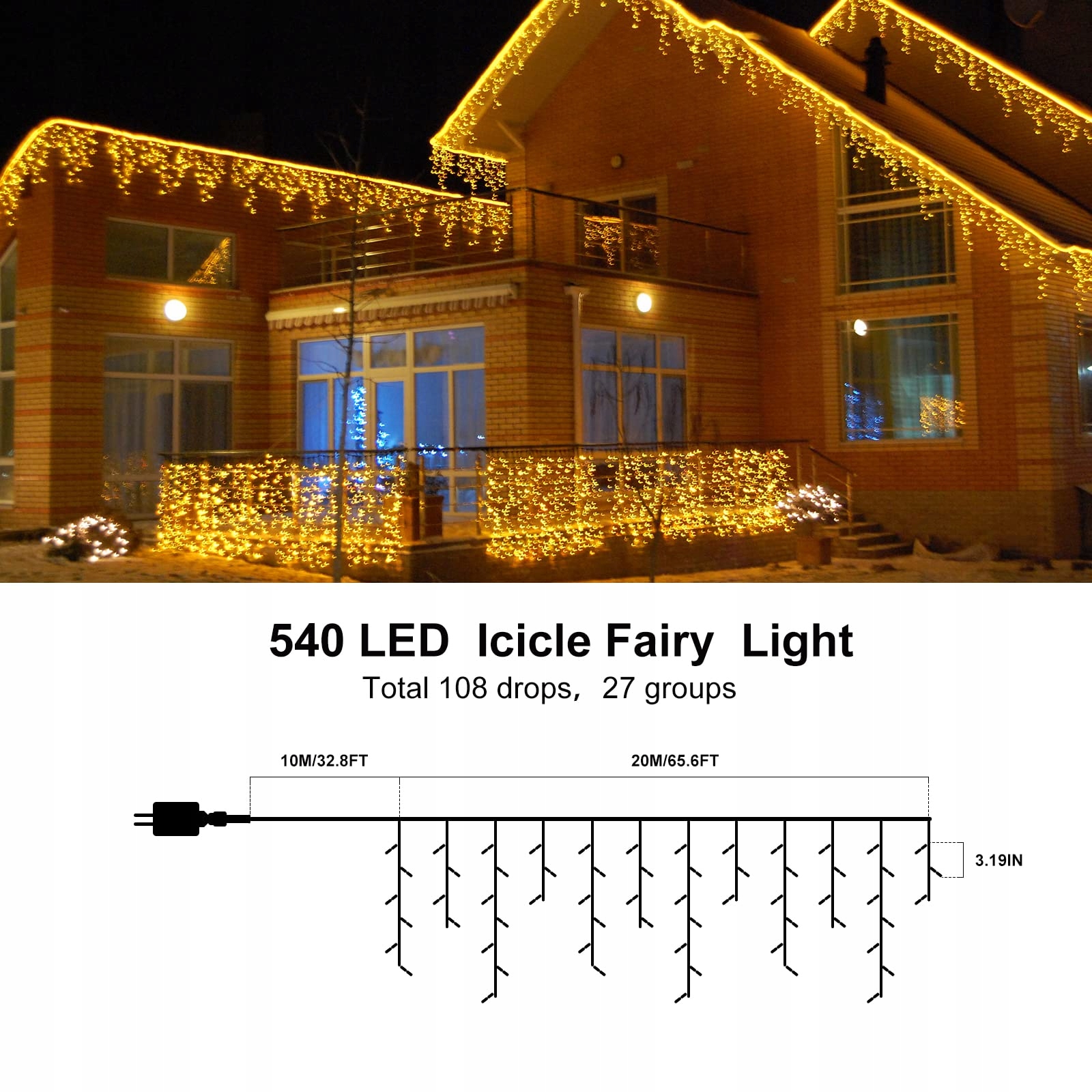 CERIAL KURTYNA ŚWIETLNA ZEWNĘTRZNA ŚWIETLNA LAMPKI CIEPŁE BIAŁE 20M 540LED — miniatura 4