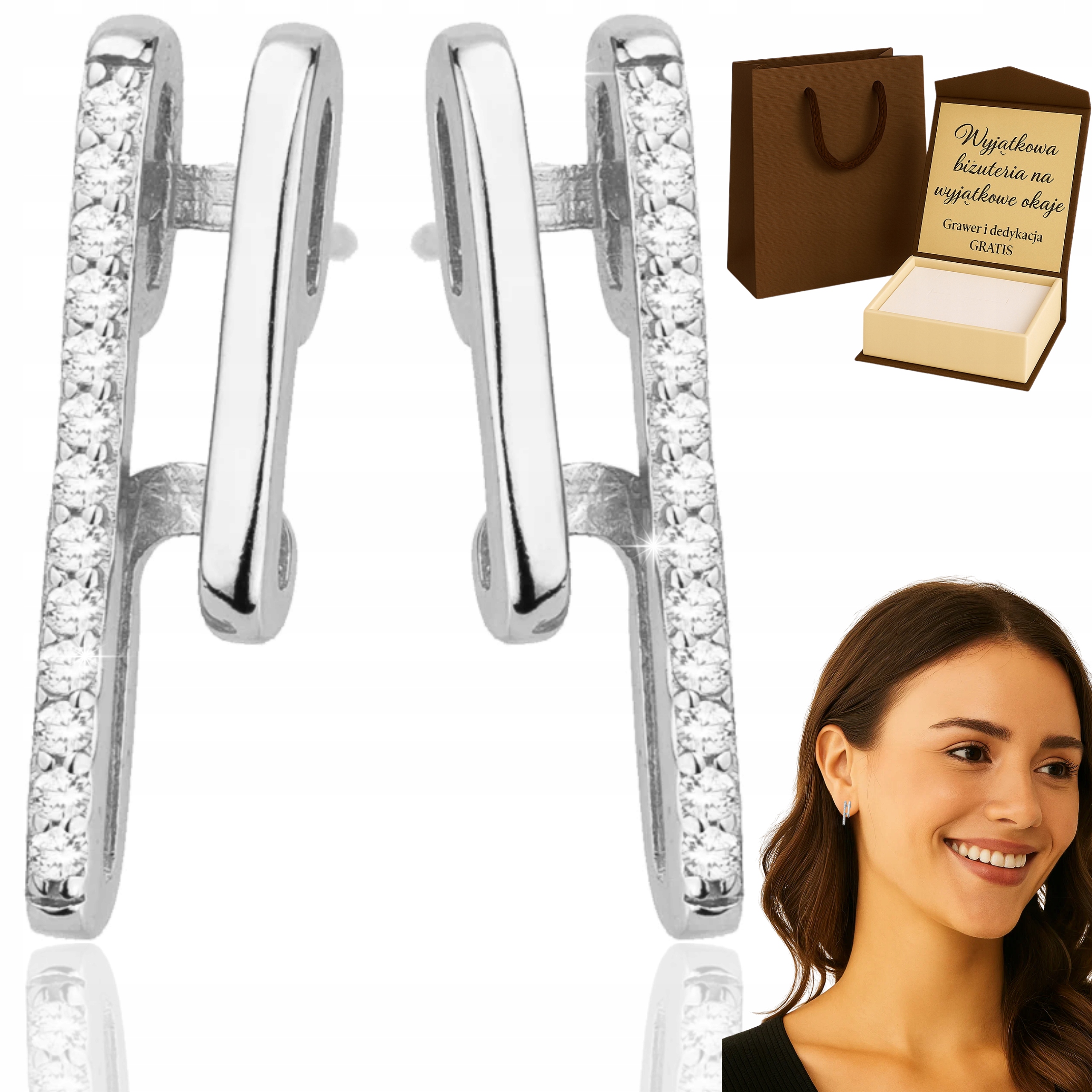 Dámské stříbrné Náušnice se zirkony Ryzost 925 elegantní dvojité Gravírování