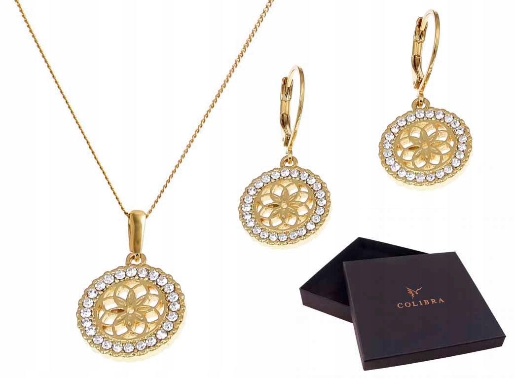 Zlatá Sada Šperků Kulatá Růžice Zirkony Visací Náušnice Colibra