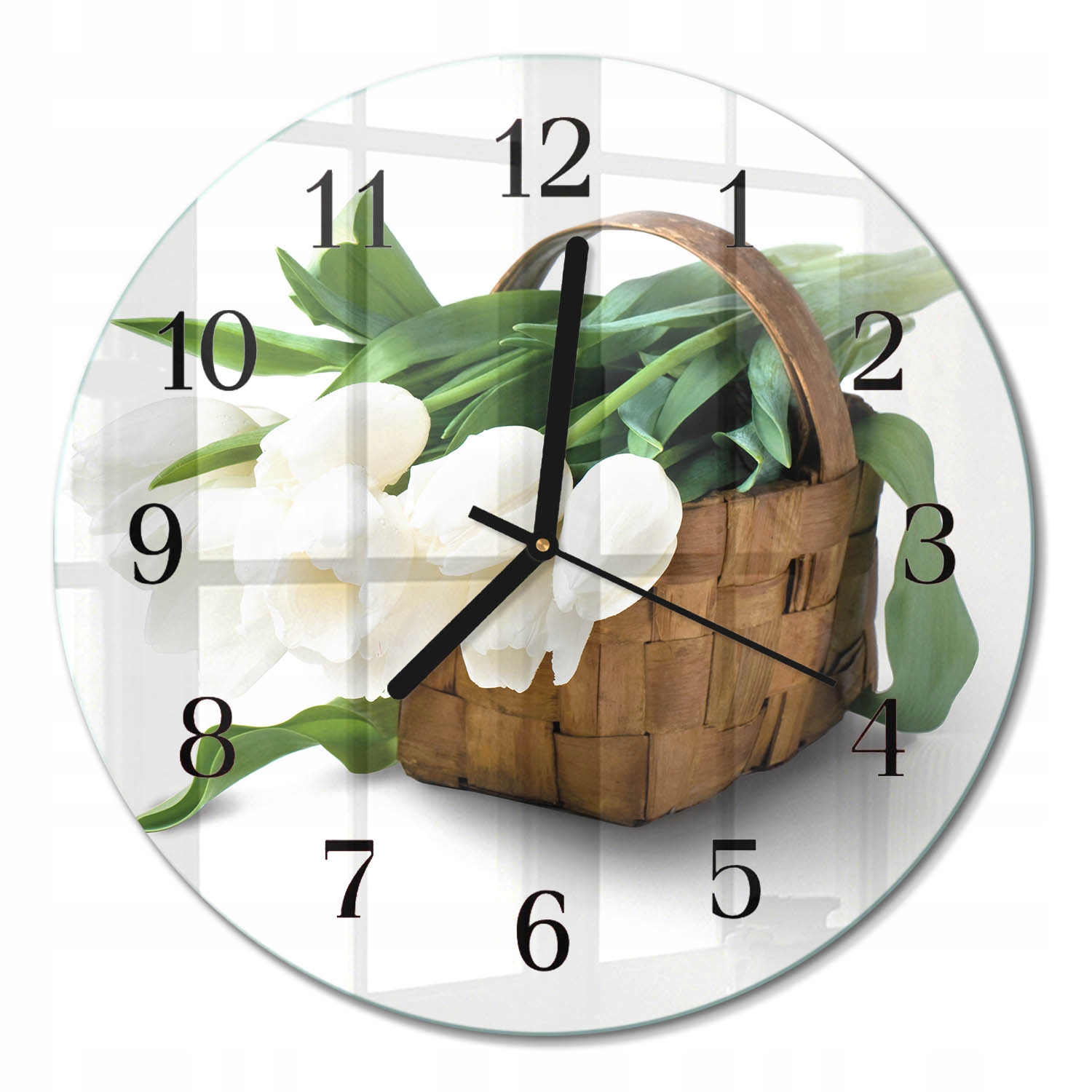 Moderní skleněné hodiny na zeď s grafikou Tulipánový koš, průměr 30 cm