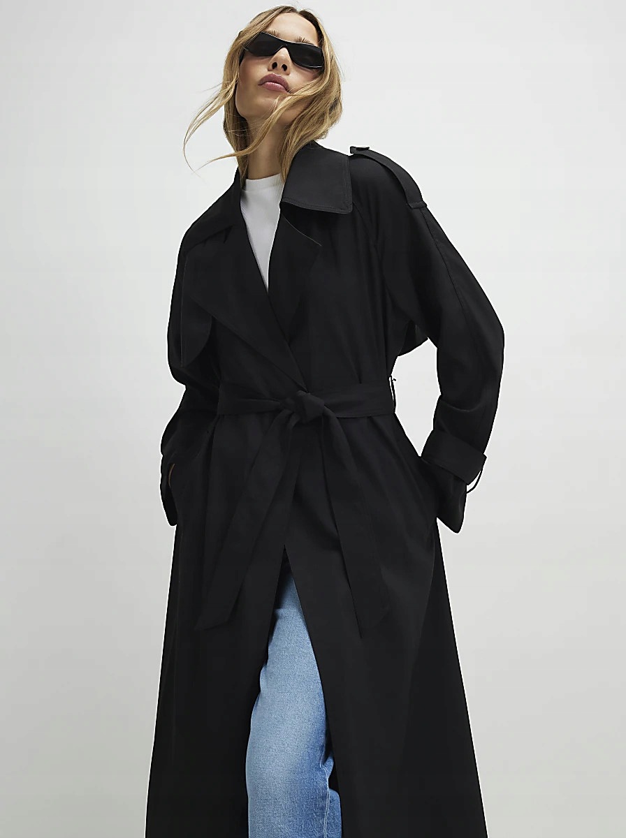 River Island klasický černý trenčkotový kabát s kapsami B23 Xxs