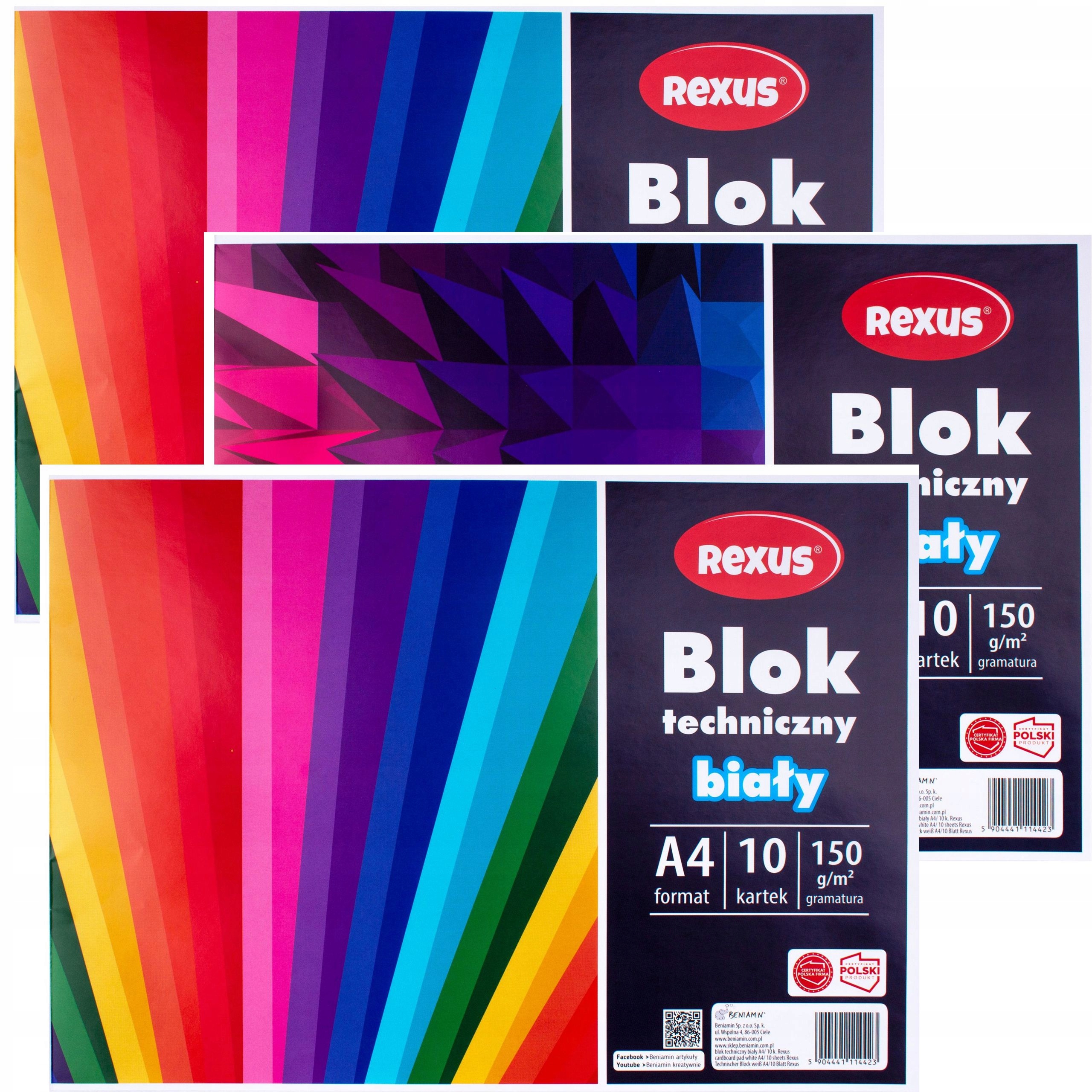 3x BLOK TECHNICZNY BIAŁY REXUS format A4 w sumie 30 KARTEK 150g/m2