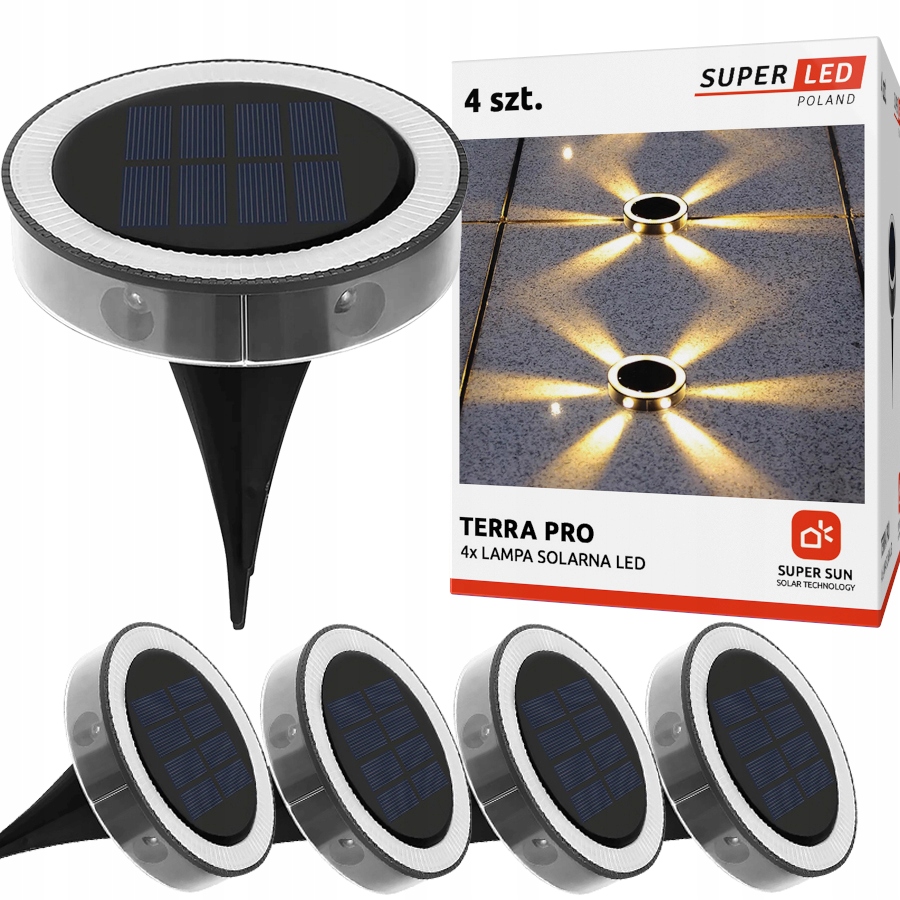 Zestaw 4x Lampa solarna Led wbijana gruntowa ogrodowa Dysk podwójne Led