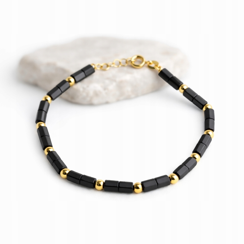 Stříbrný Pozlacený Náramek 925 S Černými Onyxy, Luxusní Elegantní