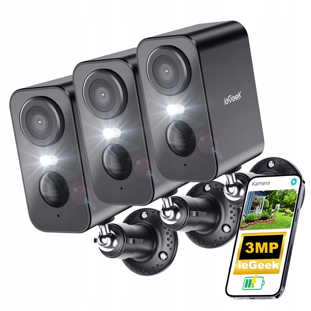 3 kusy Bezdrátová kamera na baterie Wifi 3Mp 2K s barevným nočním viděním