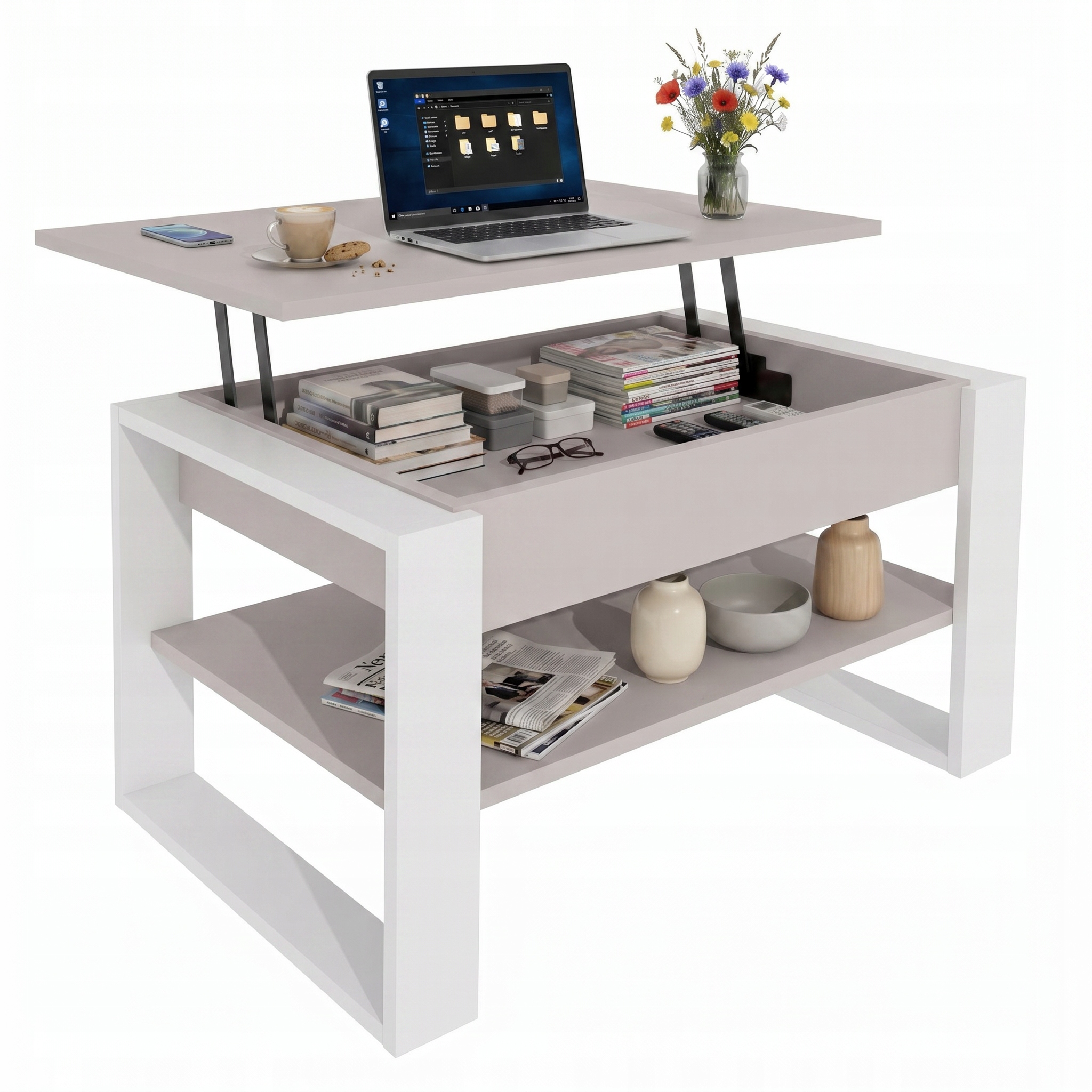 Konferenční stolek rozkládací stůl 92 cm Zvedací úložný prostor Kašmír