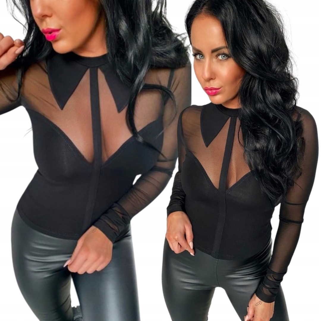 Elegantní černá halenka s límečkem, večerní síťka, velikost S 36