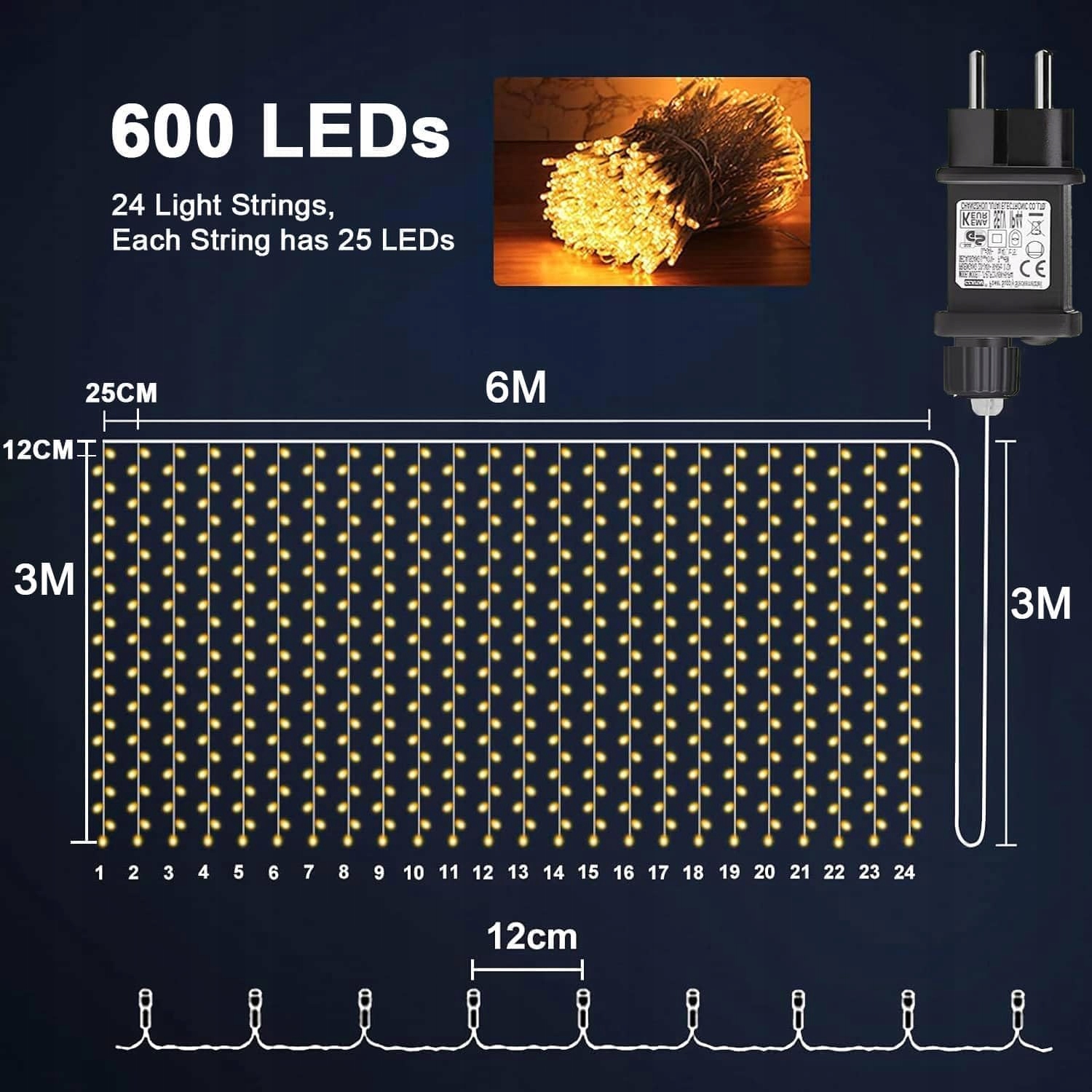 YOMISTAR Kurtyna Świetlna Z Timerem 8 Trybów Wodoodporna 6x3m 600 LED — miniatura 6