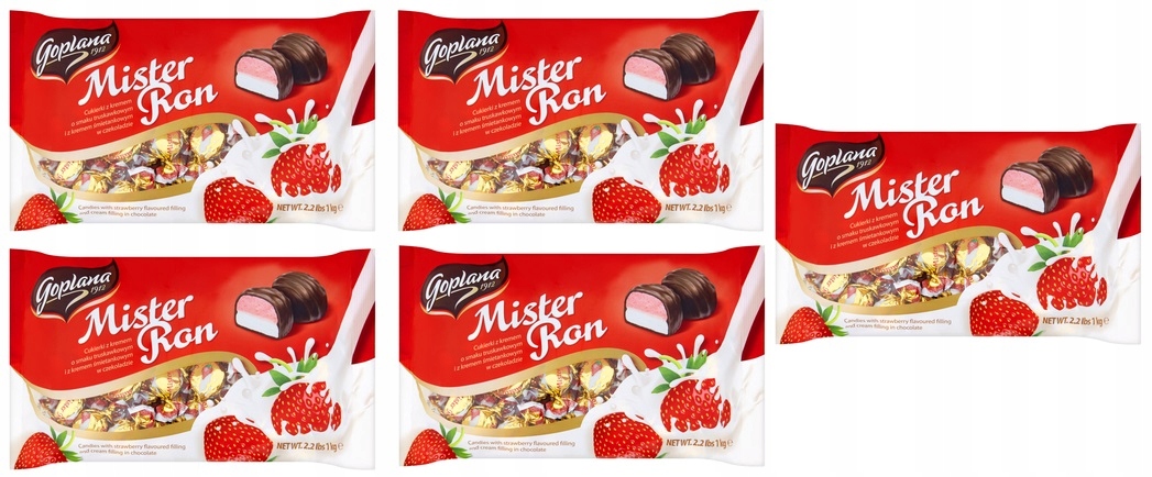 Levně 5x 1kg Goplana Mister Ron jahoda smetanové bonbóny Karton