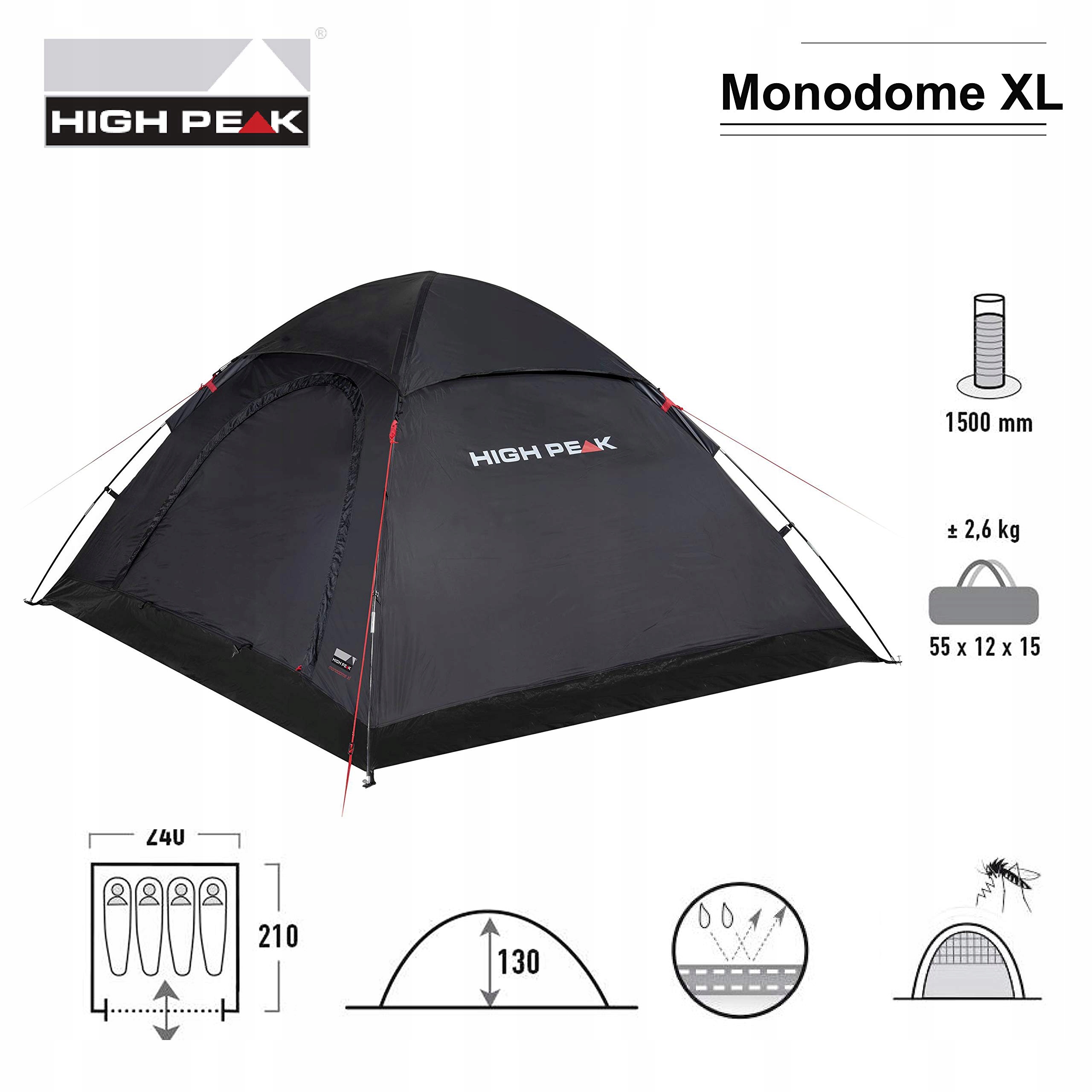 HIGH PEAK Namiot Kopułowy 4 Osoby Wodoodporny 1500mm Podłoga Wanny Camping — miniatura 2