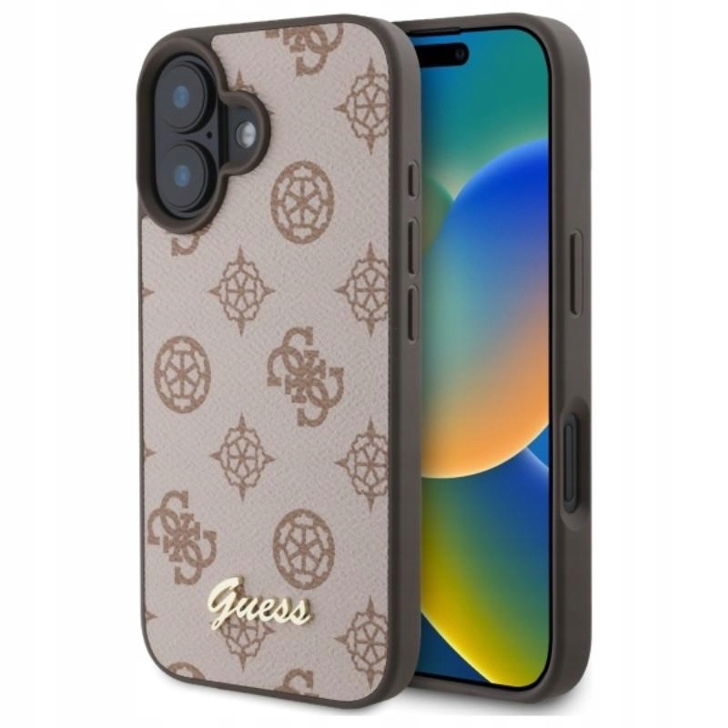 Pouzdro Guess pro iPhone 16 MagSafe Peony Script Originální módní hnědé pouzdro