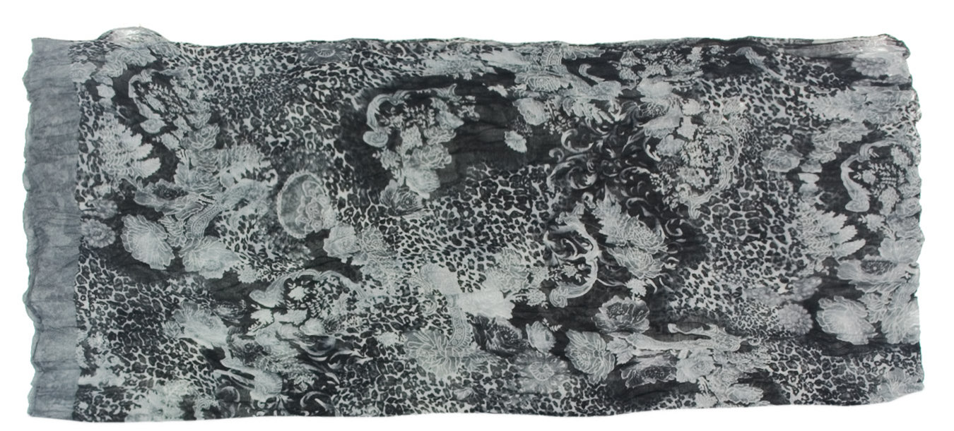 Ap 610 Szal apaszka panterka kwiaty - szary / czarny